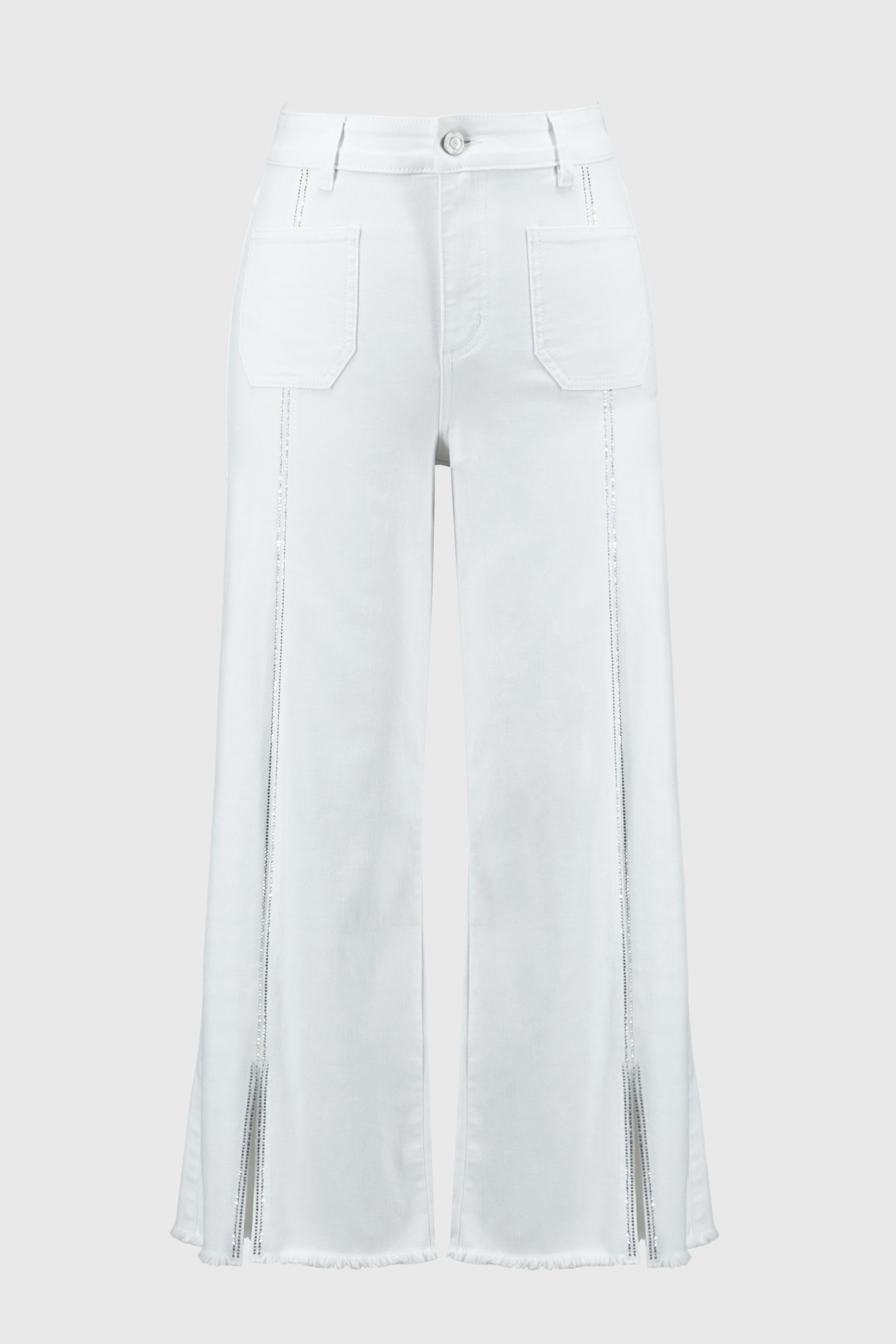 Joseph Ribkoff (251901) Women's White Denim Culotte Jeans With Embellished Front Seam and Split Frayed Hem