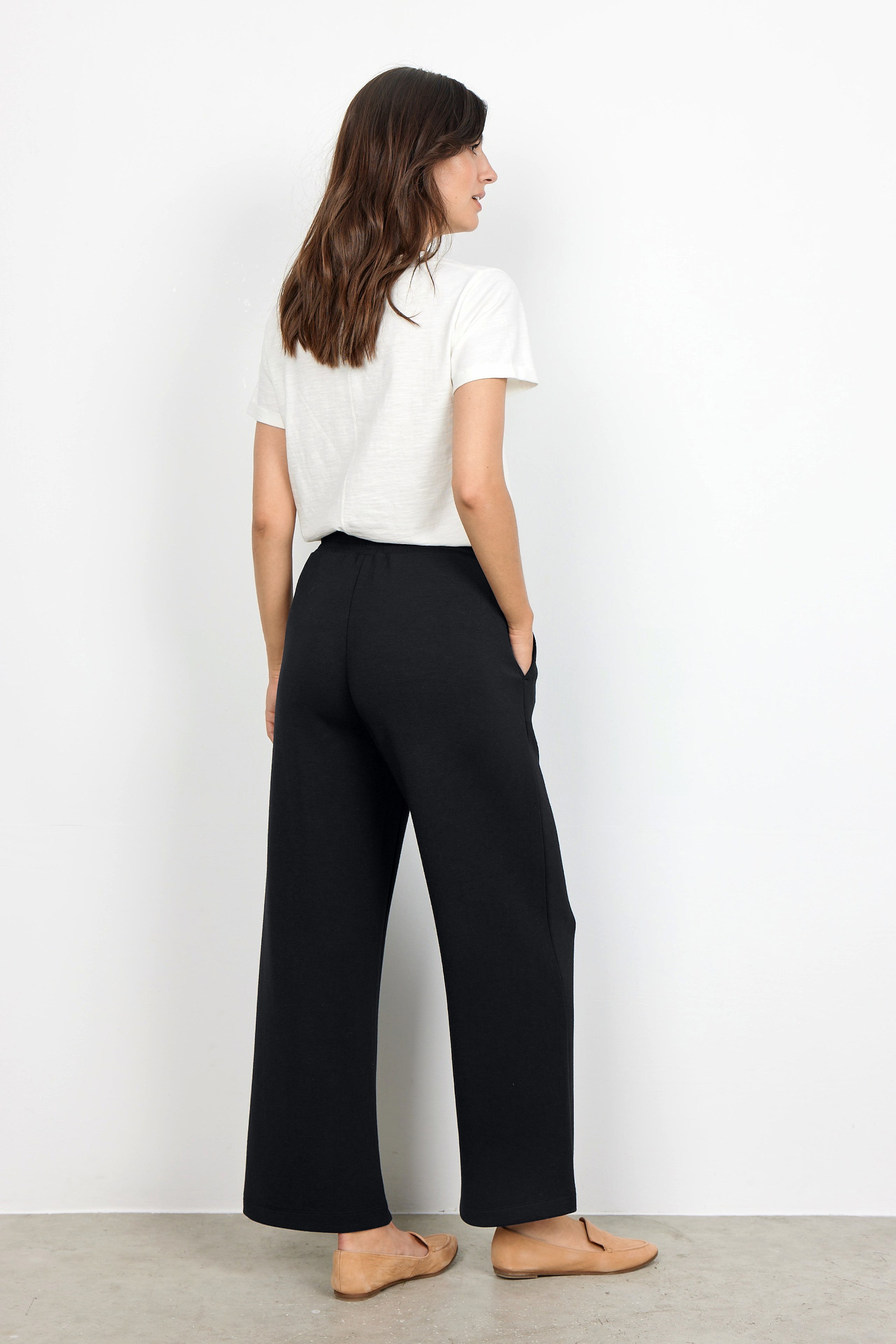 Back view of Soya Concept (25328) Women's High Waist, Wide Leg Banu Brushed Knit Drawstring Pants in Black