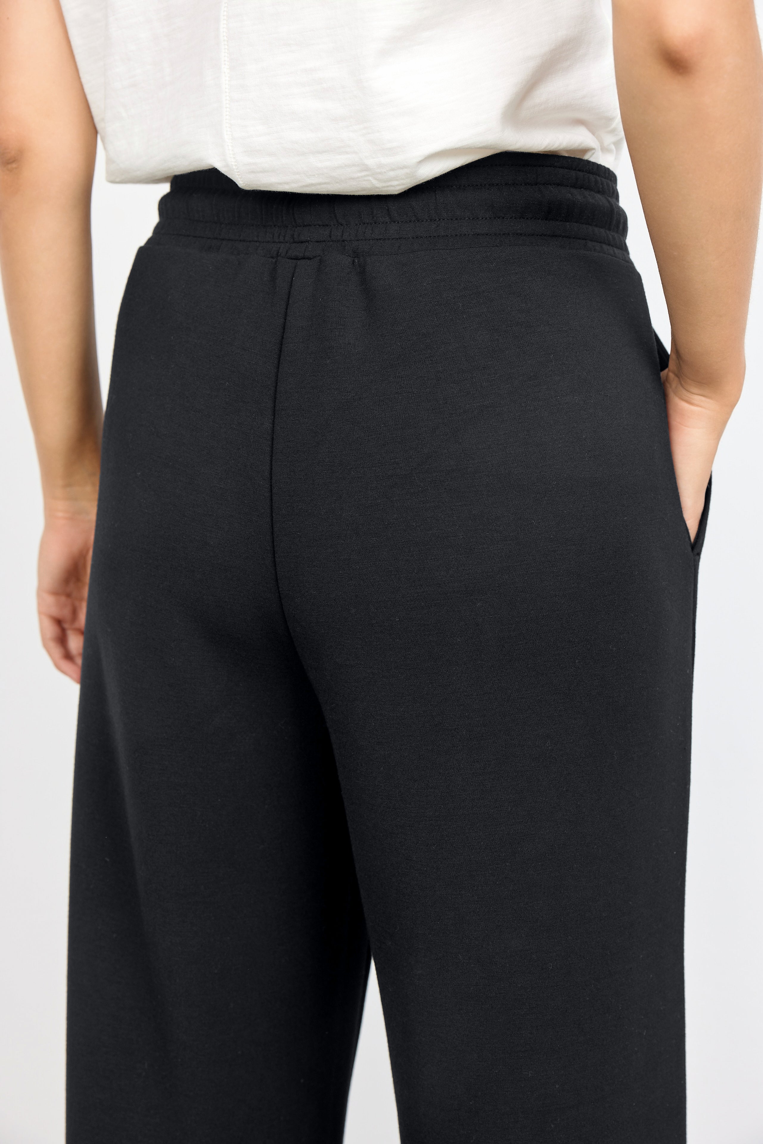 Back lose up of Soya Concept (25328) Women's High Waist, Wide Leg Banu Brushed Knit Drawstring Pants in Black