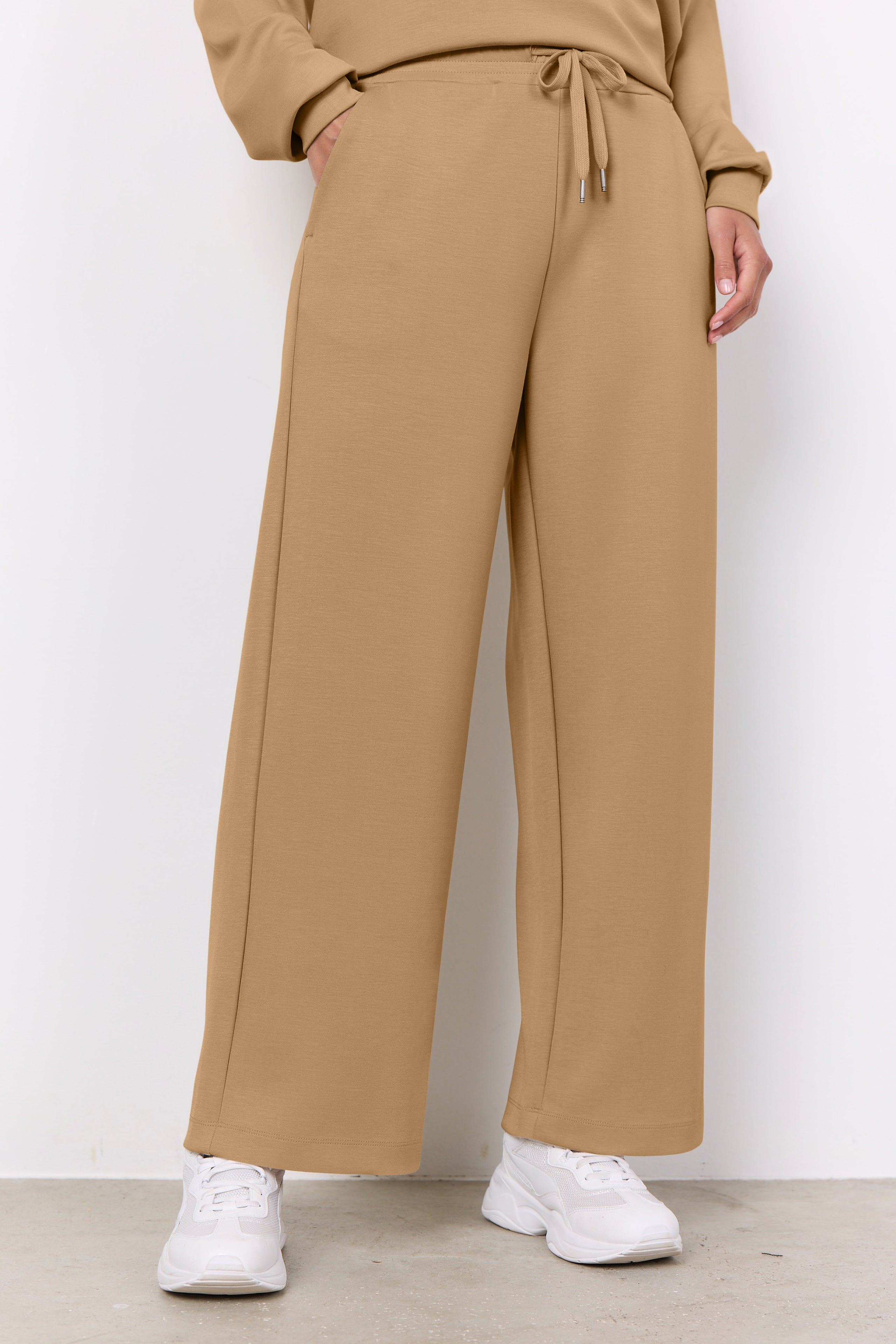 Soya Concept (25328) Women's High Waist, Wide Leg Banu Brushed Knit Drawstring Pants in Brown