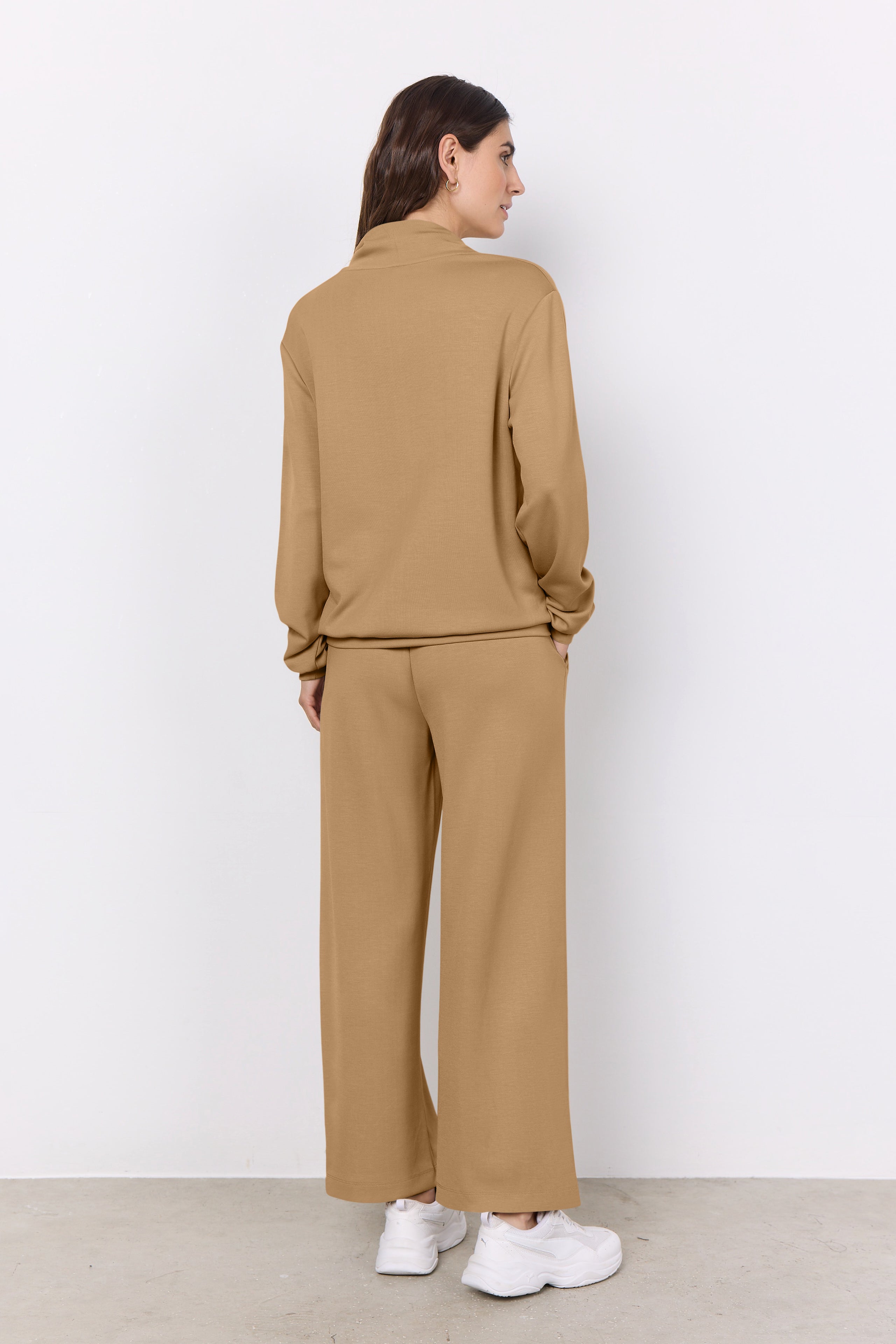 Back view of Soya Concept (25328) Women's High Waist, Wide Leg Banu Brushed Knit Drawstring Pants in Brown