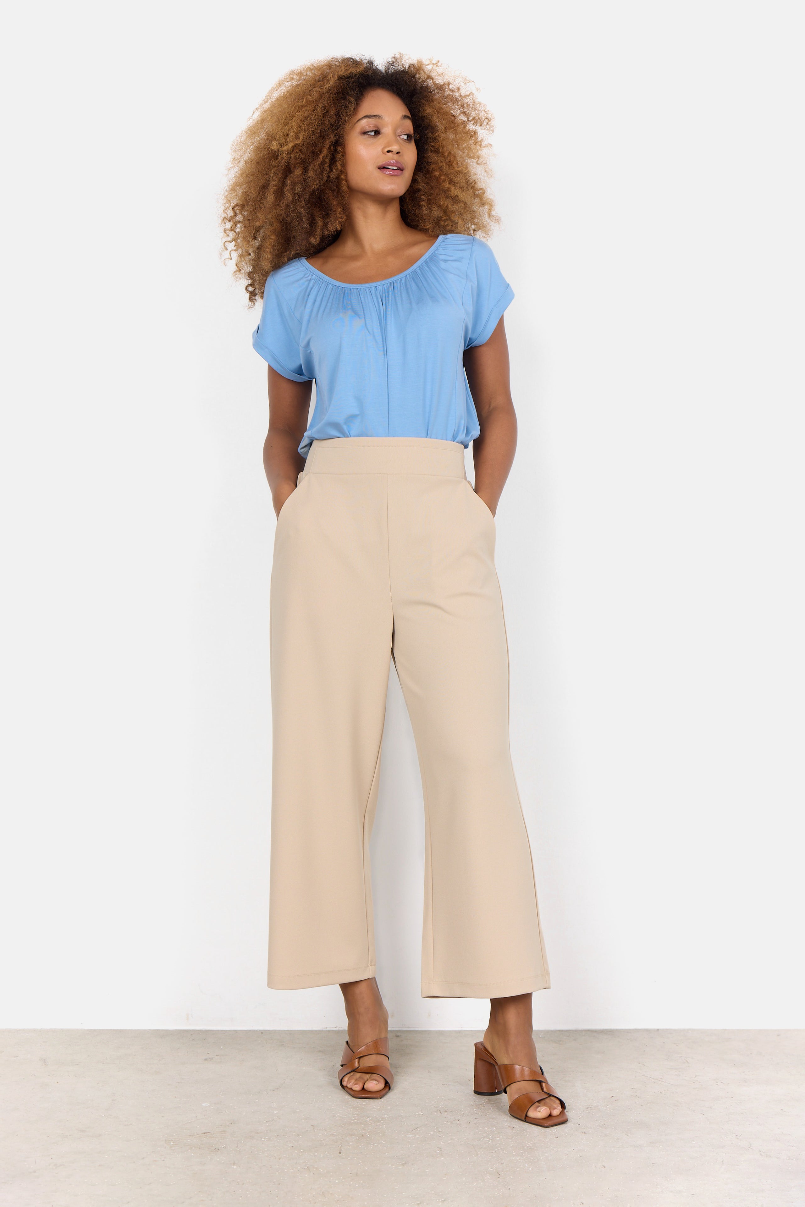 Front view of Soya Concept (25330) Women's Pull On Wide Leg Cropped Pants in Sand Beige