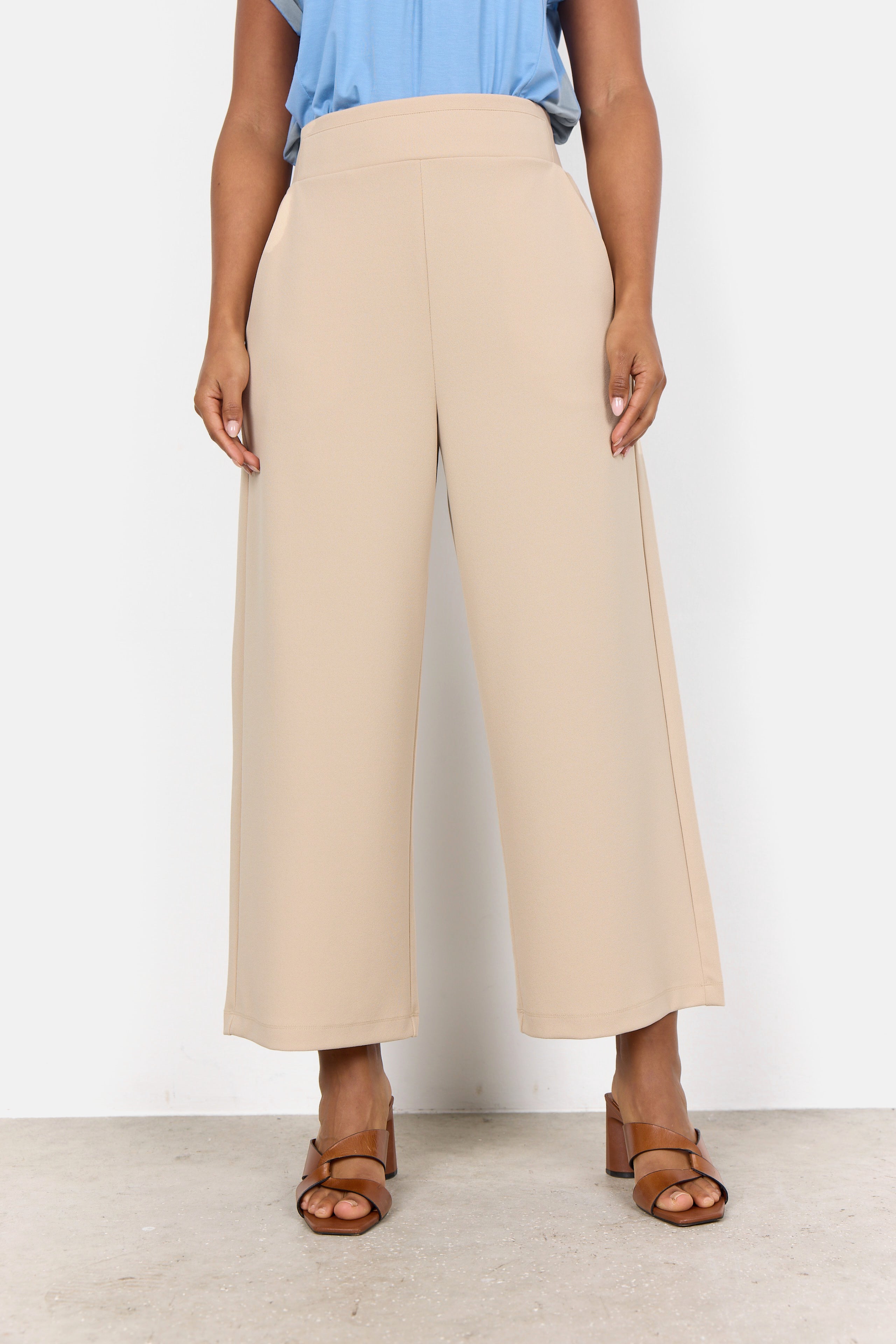 Front view of Soya Concept (25330) Women's Pull On Wide Leg Cropped Pants in Sand Beige