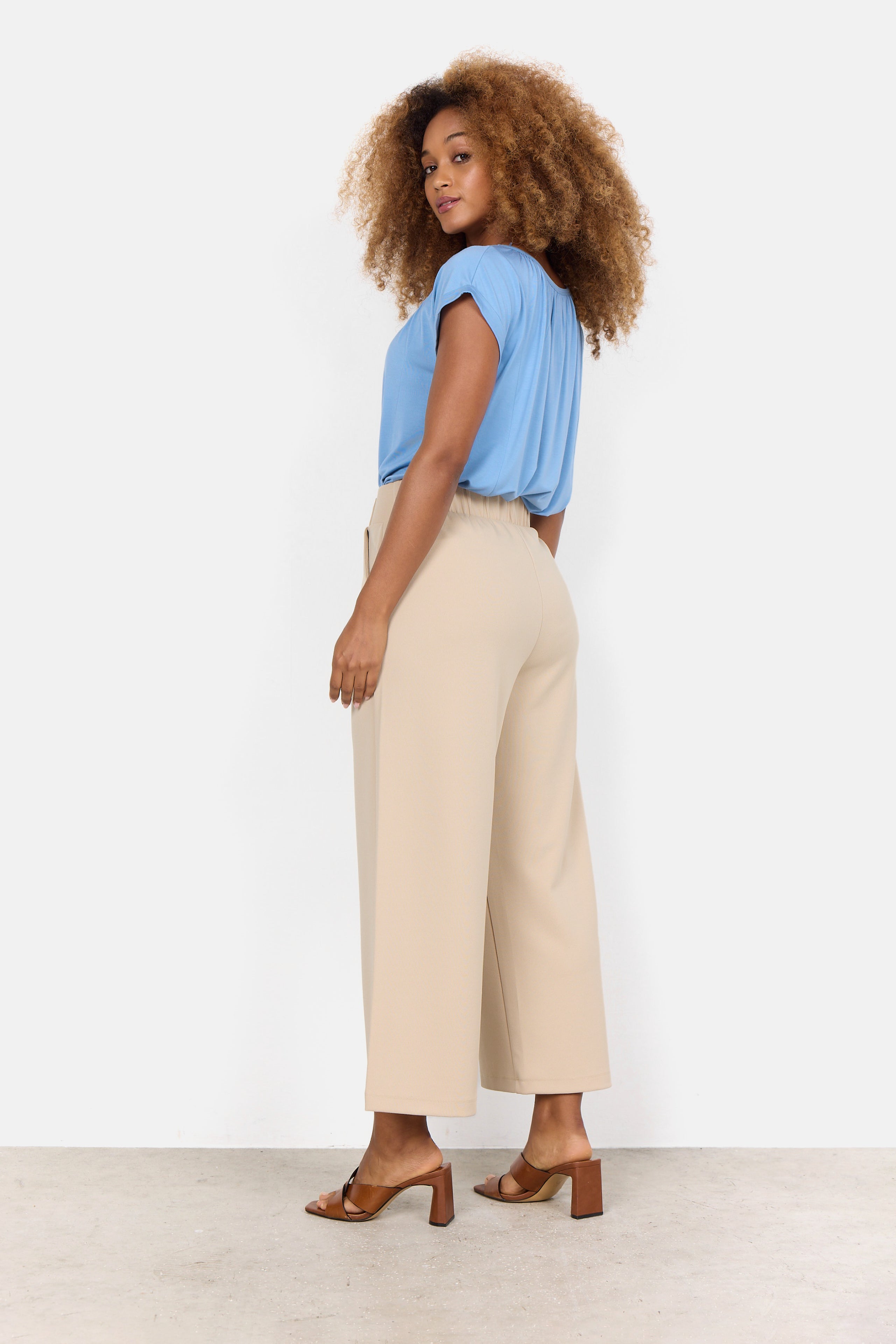 Back view of Soya Concept (25330) Women's Pull On Wide Leg Cropped Pants in Sand Beige