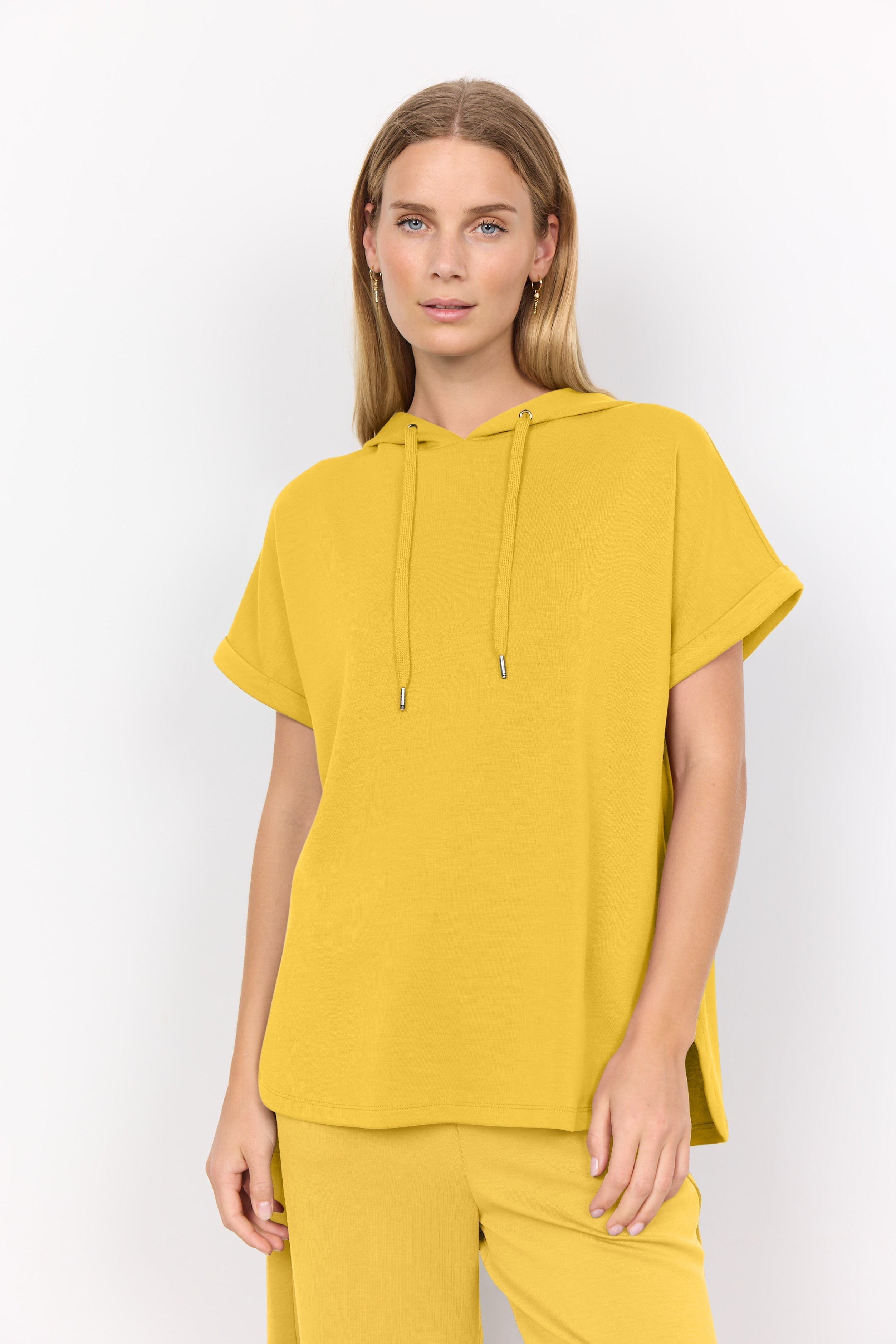 Soya Concept (26166) Short Dolman Sleeve Hooded Banu Popover in Golden Yellow
