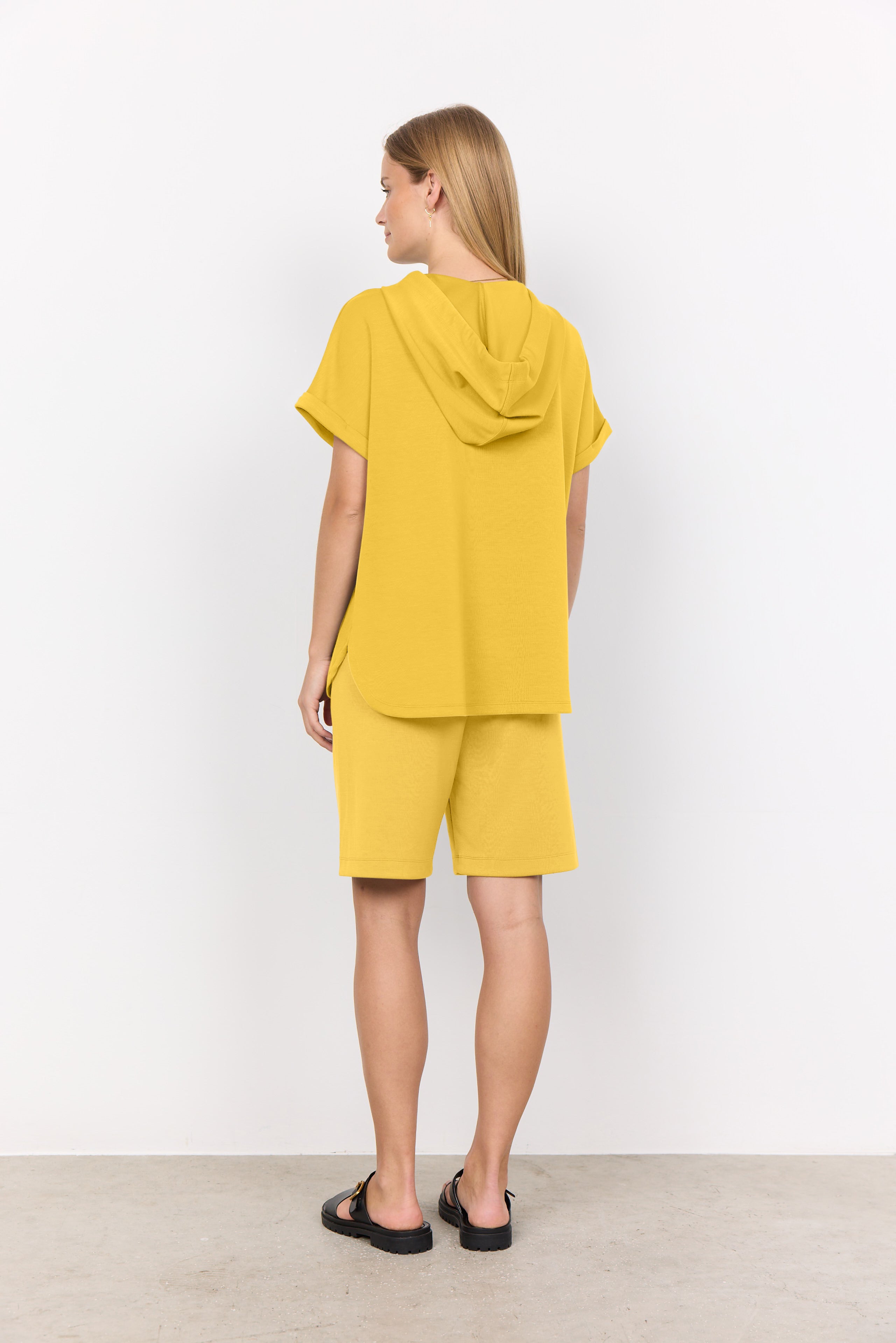 Back of Soya Concept (26166) Short Dolman Sleeve Hooded Banu Popover in Golden Yellow