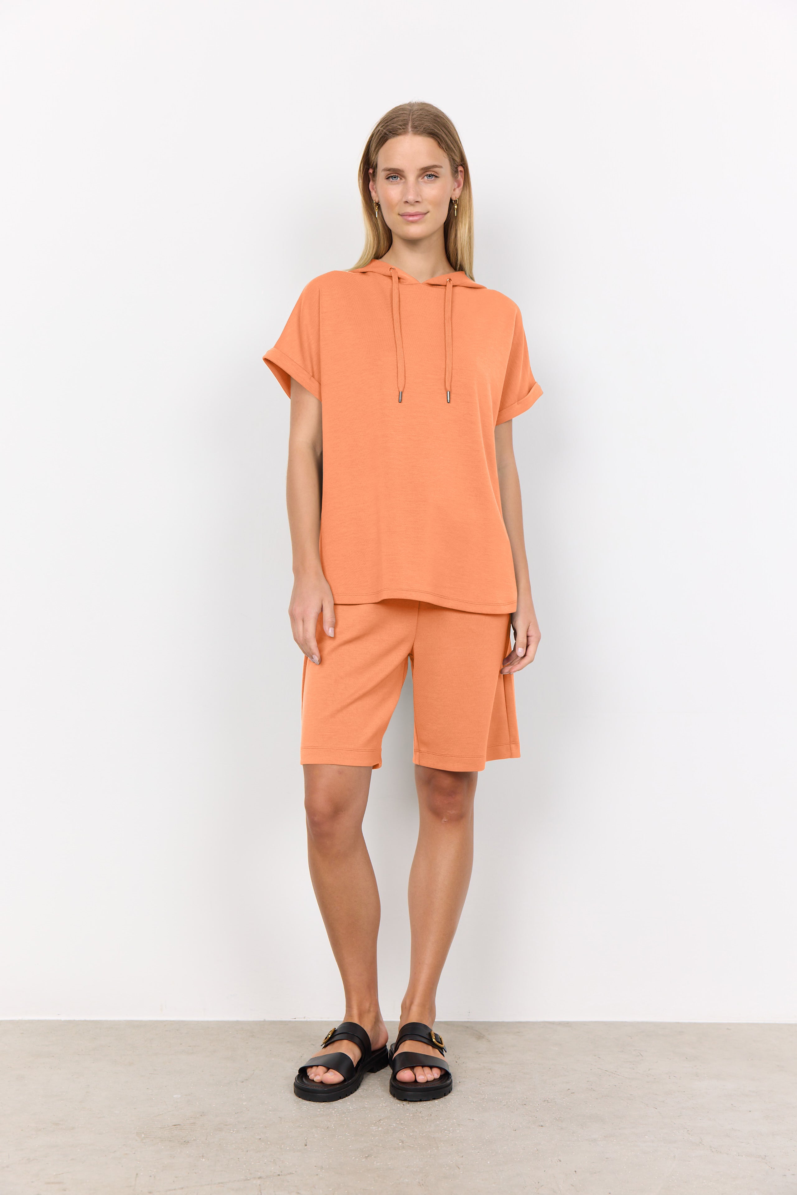 Soya Concept (26166) Short Dolman Sleeve Hooded Banu Popover in Papaya Orange