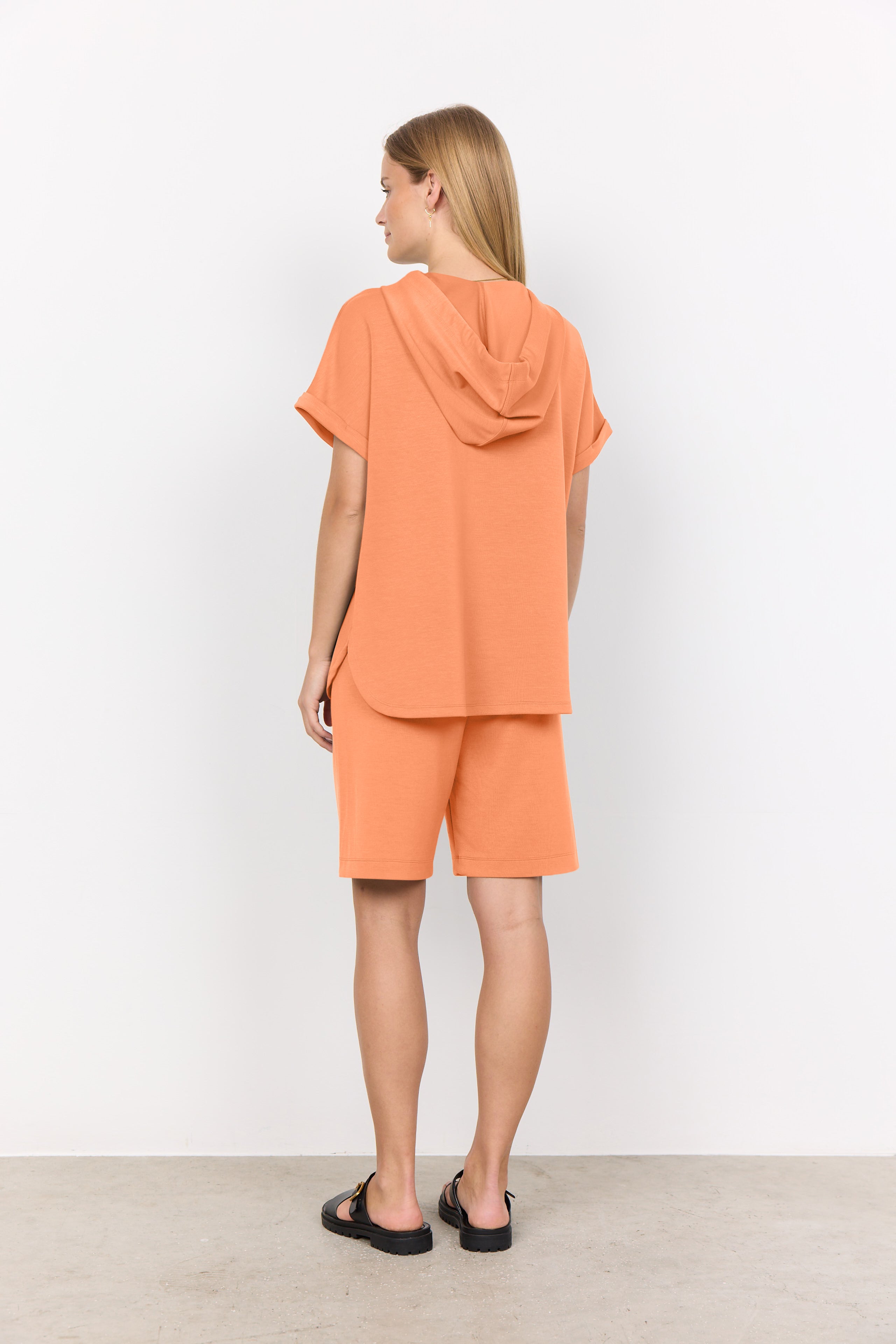 Back view of Soya Concept (26166) Short Dolman Sleeve Hooded Banu Popover in Papaya Orange