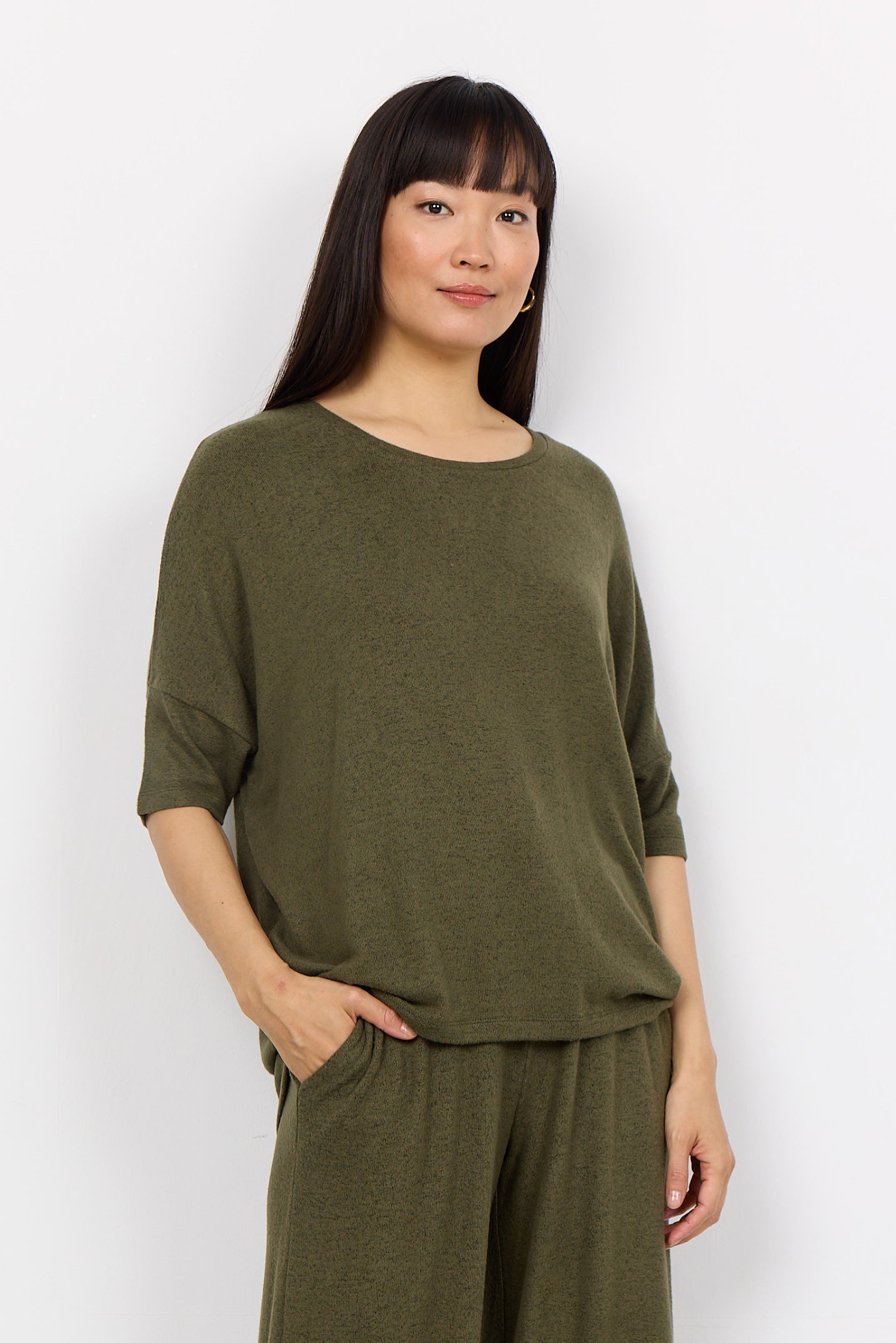 Soya Concept (26244) Women's Short Dolman Sleeve Brushed Top in Army Green