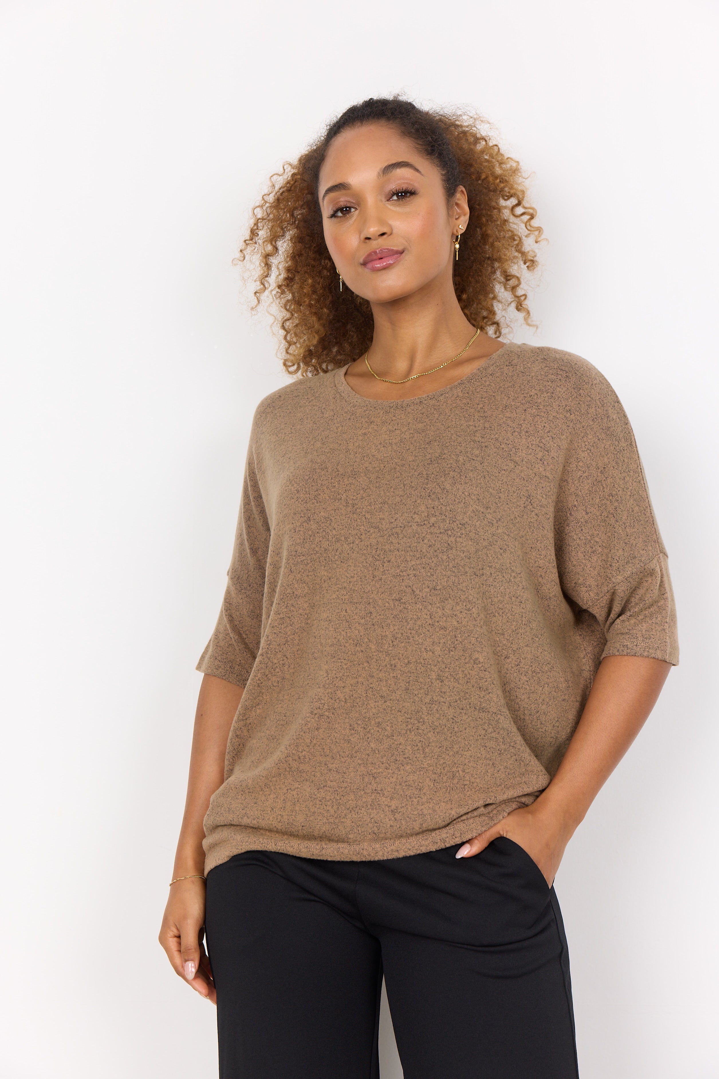 Soya Concept (26244) Women's Short Dolman Sleeve Brushed Top in Brown