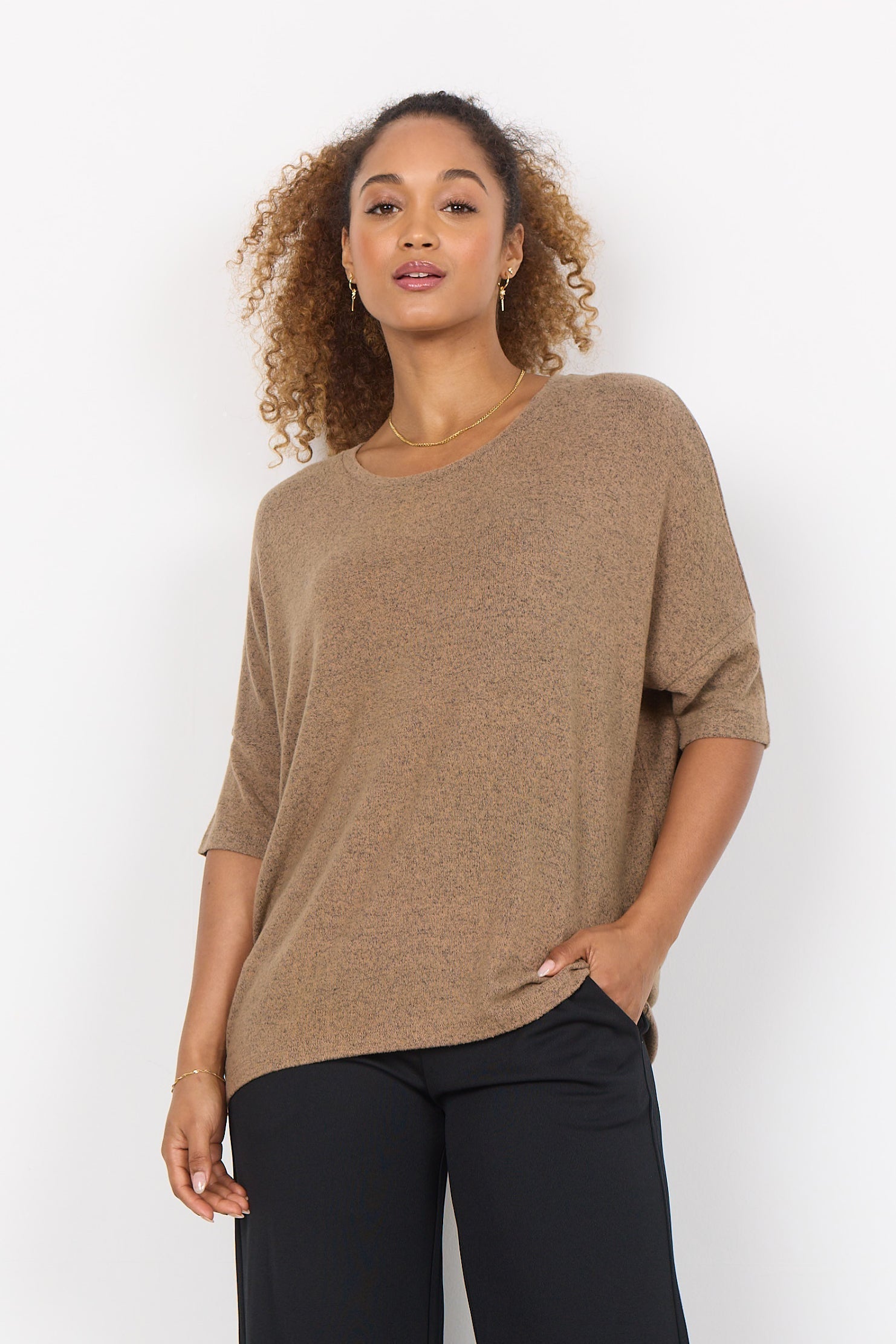 Soya Concept (26244) Women's Short Dolman Sleeve Brushed Top in Brown