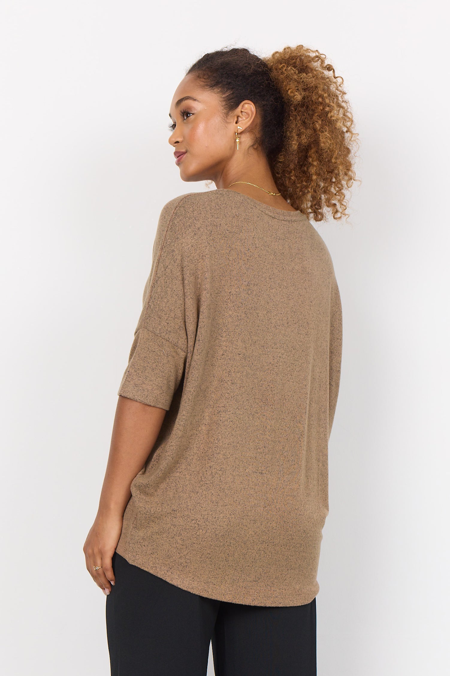 Back view of Soya Concept (26244) Women's Short Dolman Sleeve Brushed Top in Brown