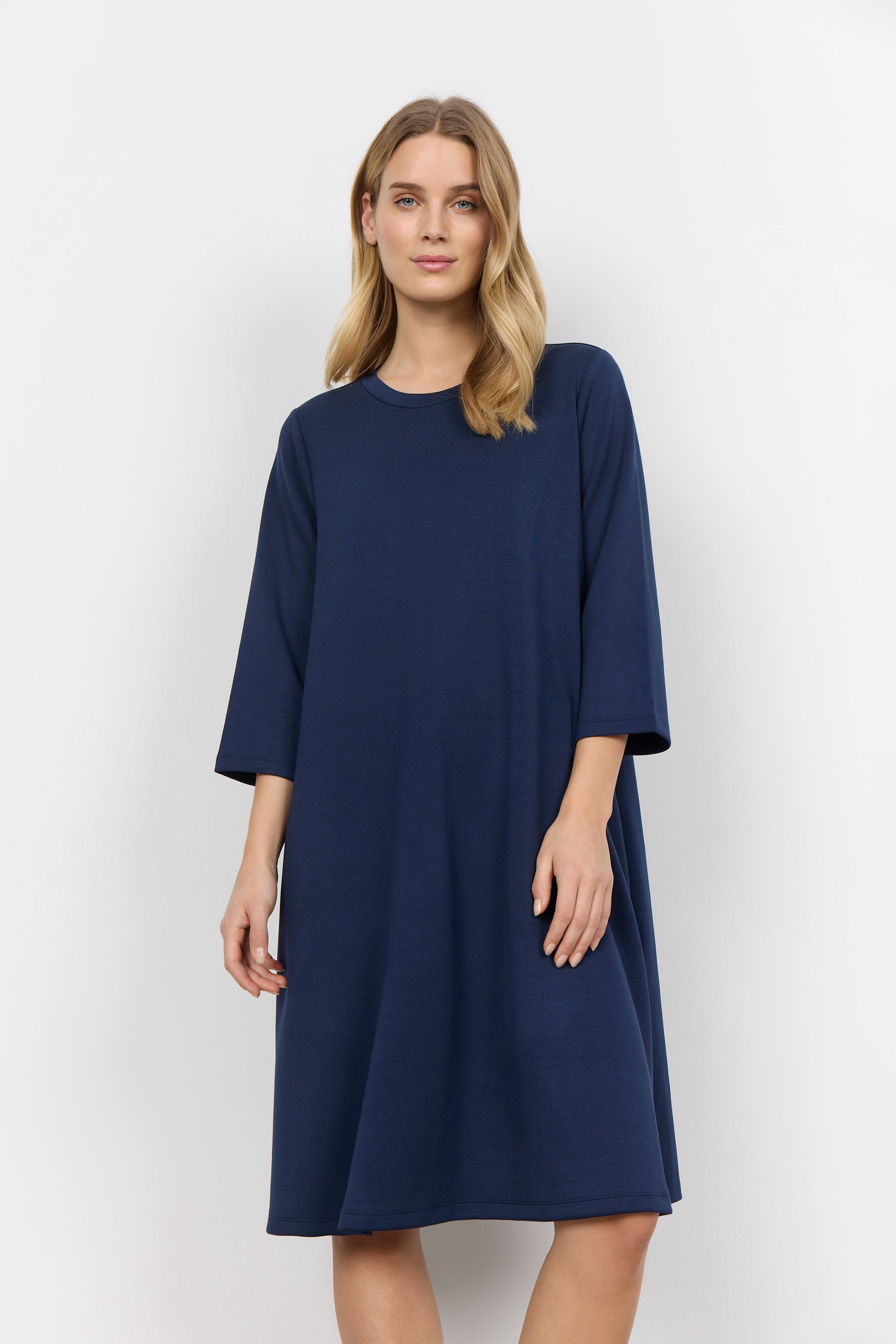 Soya Concept (26307) Women's Banu 3/4 Sleeve Knee Length Crew Neck Dress With Pockets in Blue Iris Navy