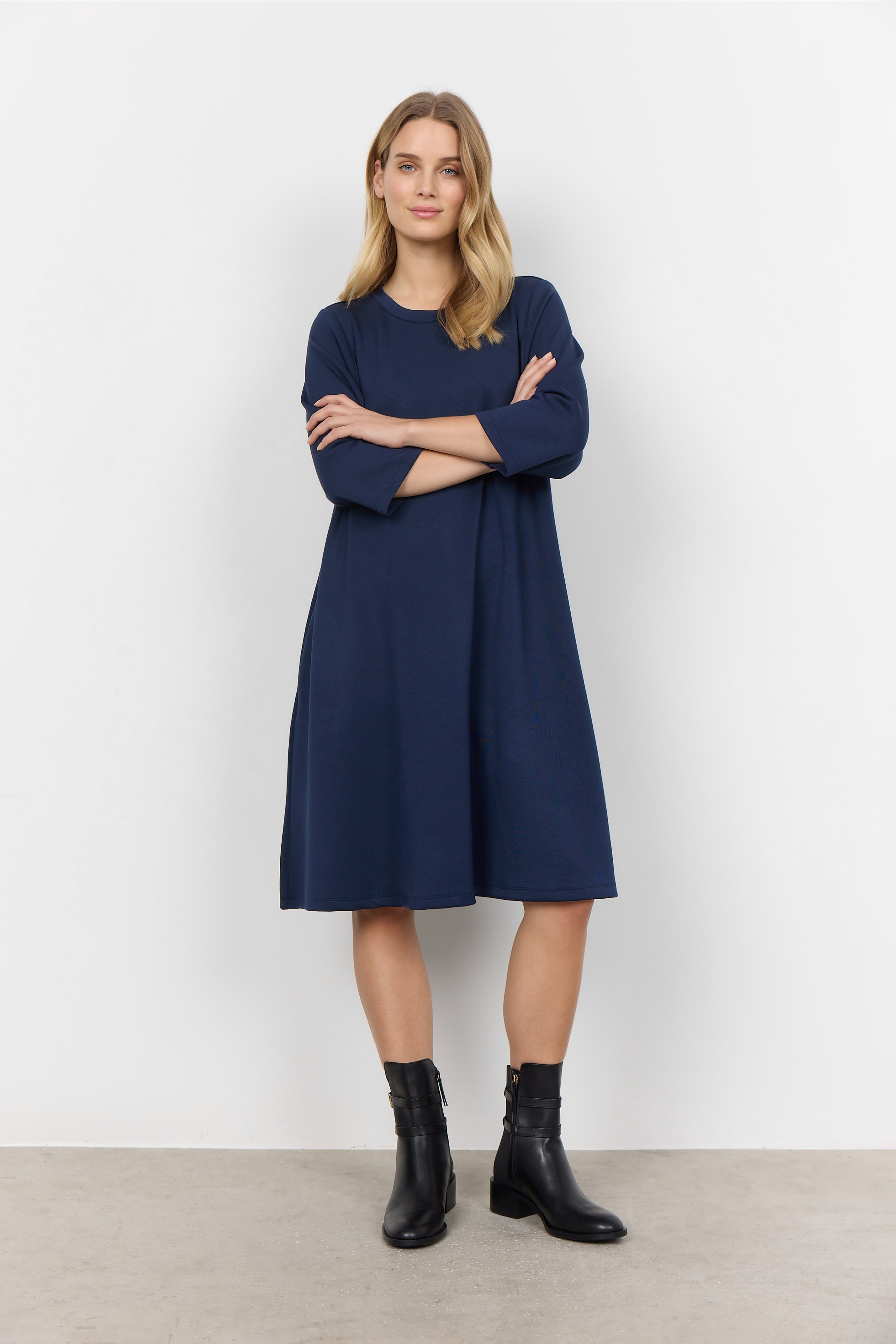 Soya Concept (26307) Women's Banu 3/4 Sleeve Knee Length Crew Neck Dress With Pockets in Blue Iris Navy