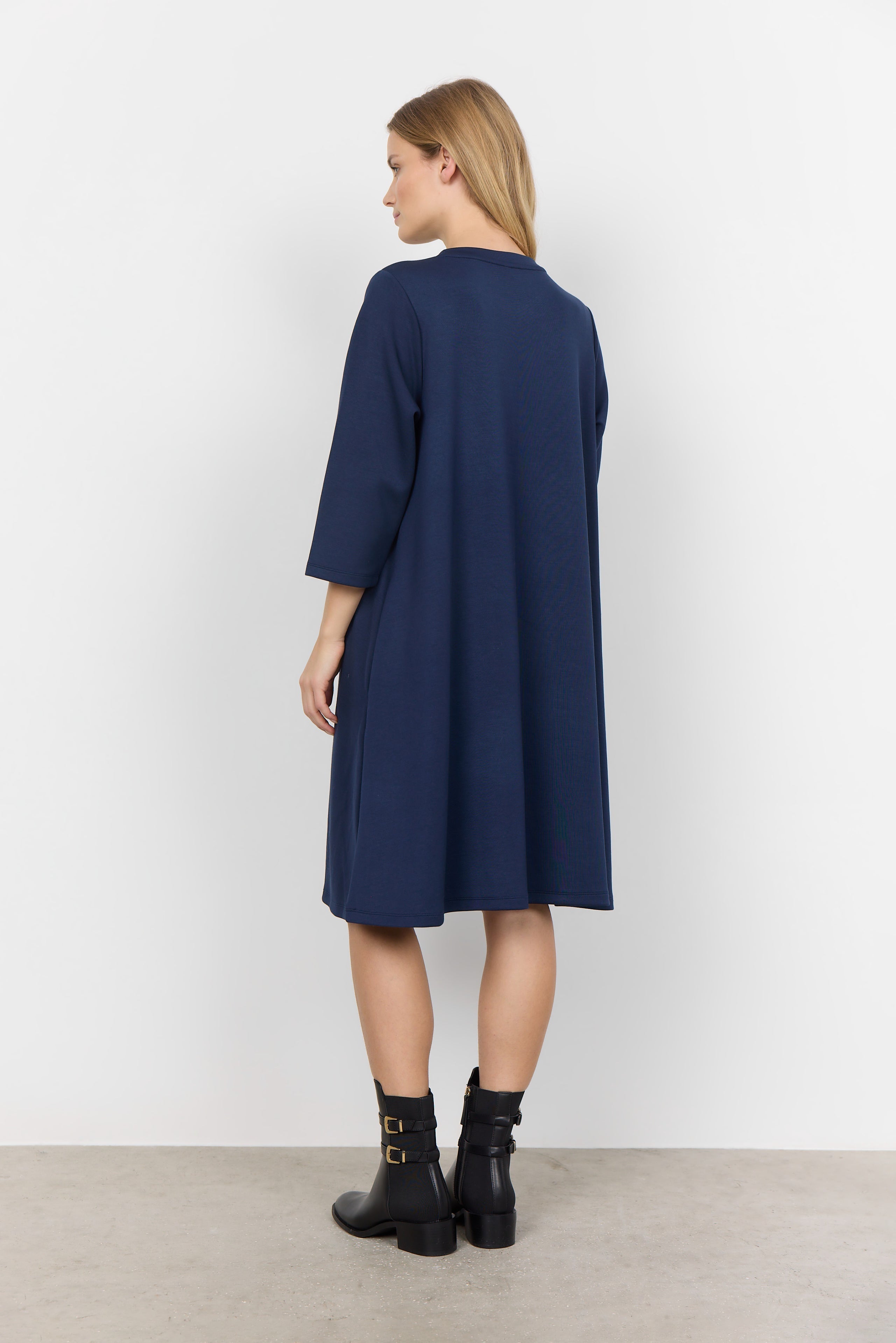 Back view of Soya Concept (26307) Women's Banu 3/4 Sleeve Knee Length Crew Neck Dress With Pockets in Blue Iris Navy