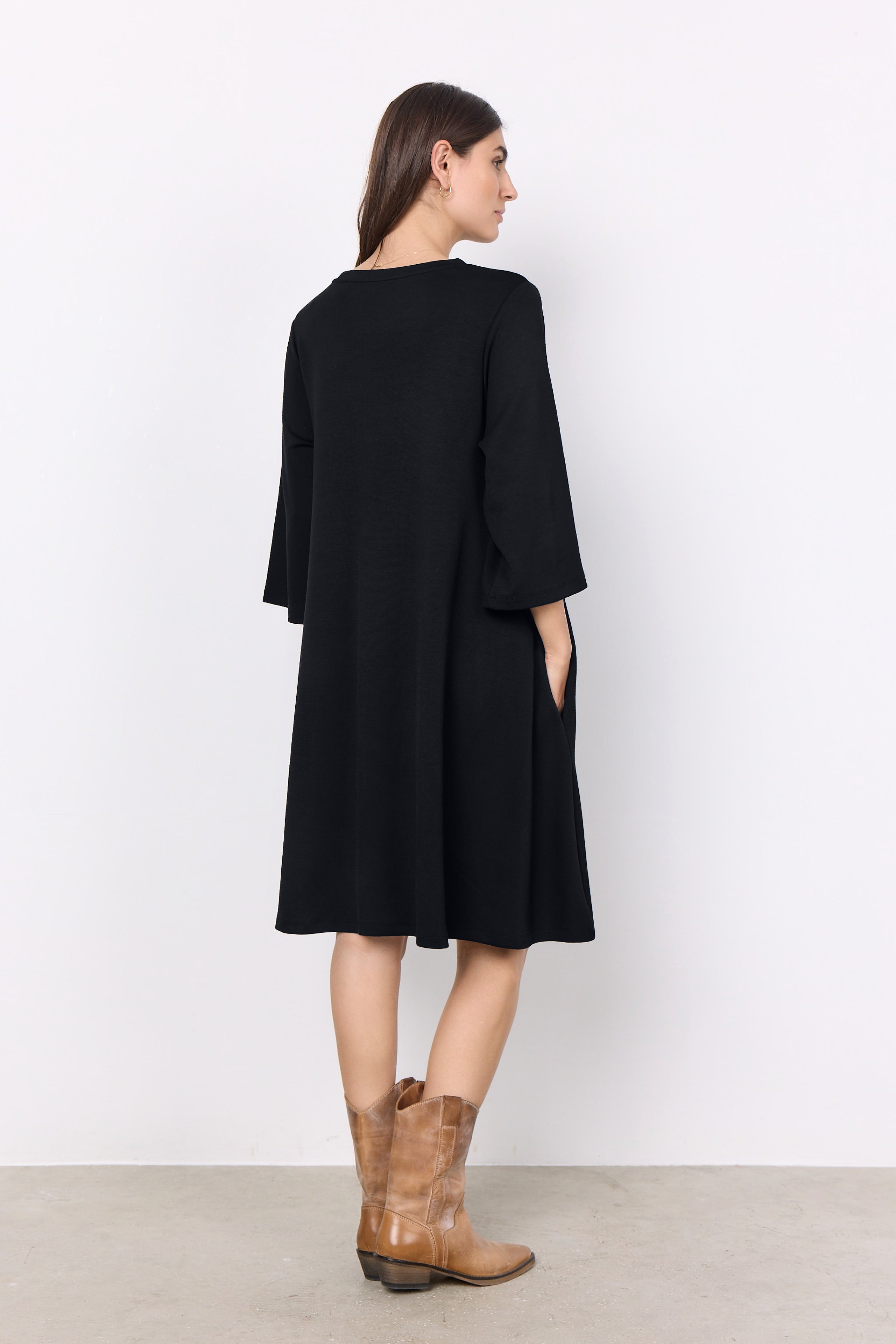 Back view of Soya Concept (26307) Women's Banu 3/4 Sleeve Knee Length Crew Neck Dress With Pockets in Black