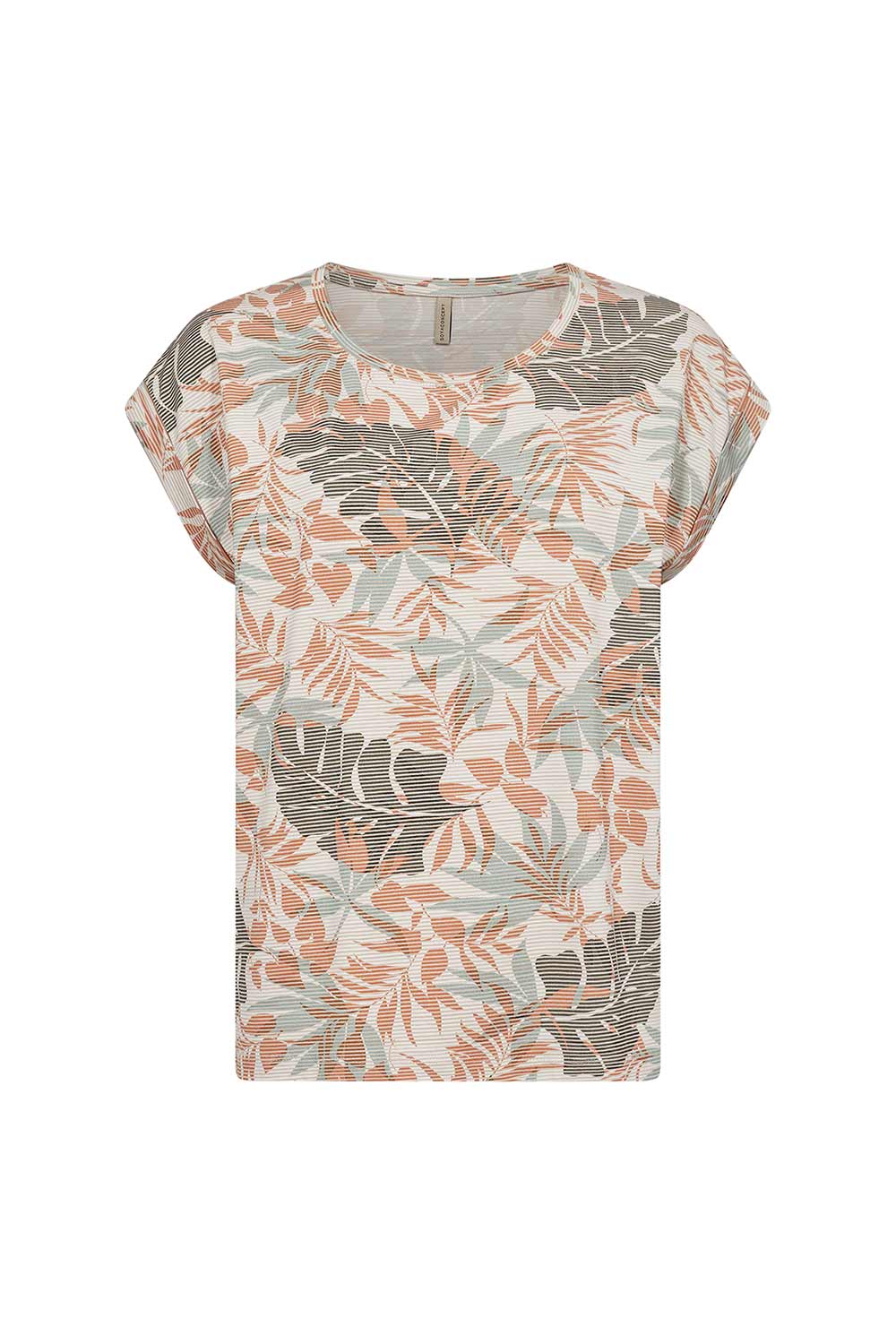 Soya Concept (26510) Women's Short Sleeve Printed Tee in a PApaya Orange and Green Foliage Print