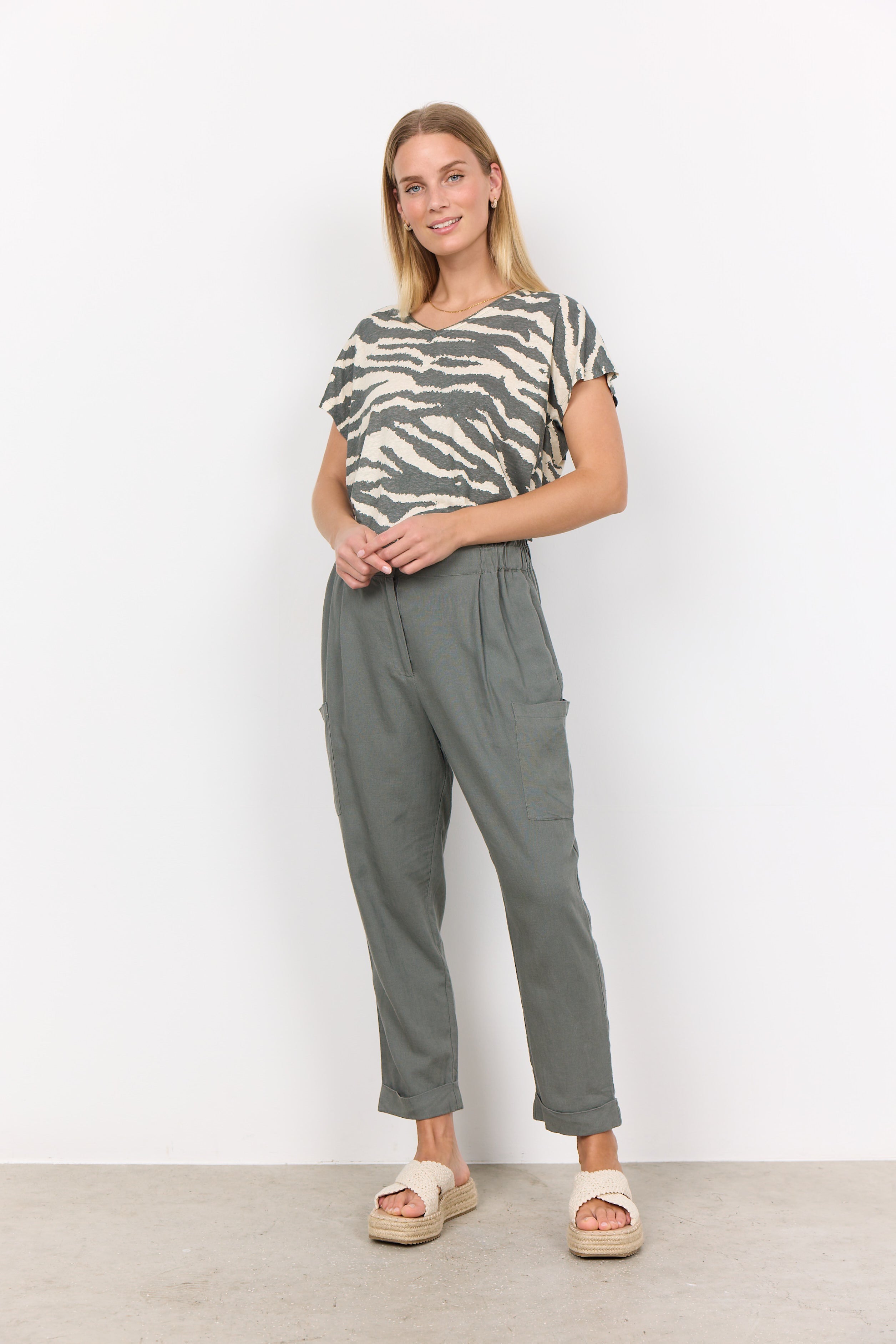 Soya Concept (26521) Women's Grey & White  Zebra Print V-Neck Tee