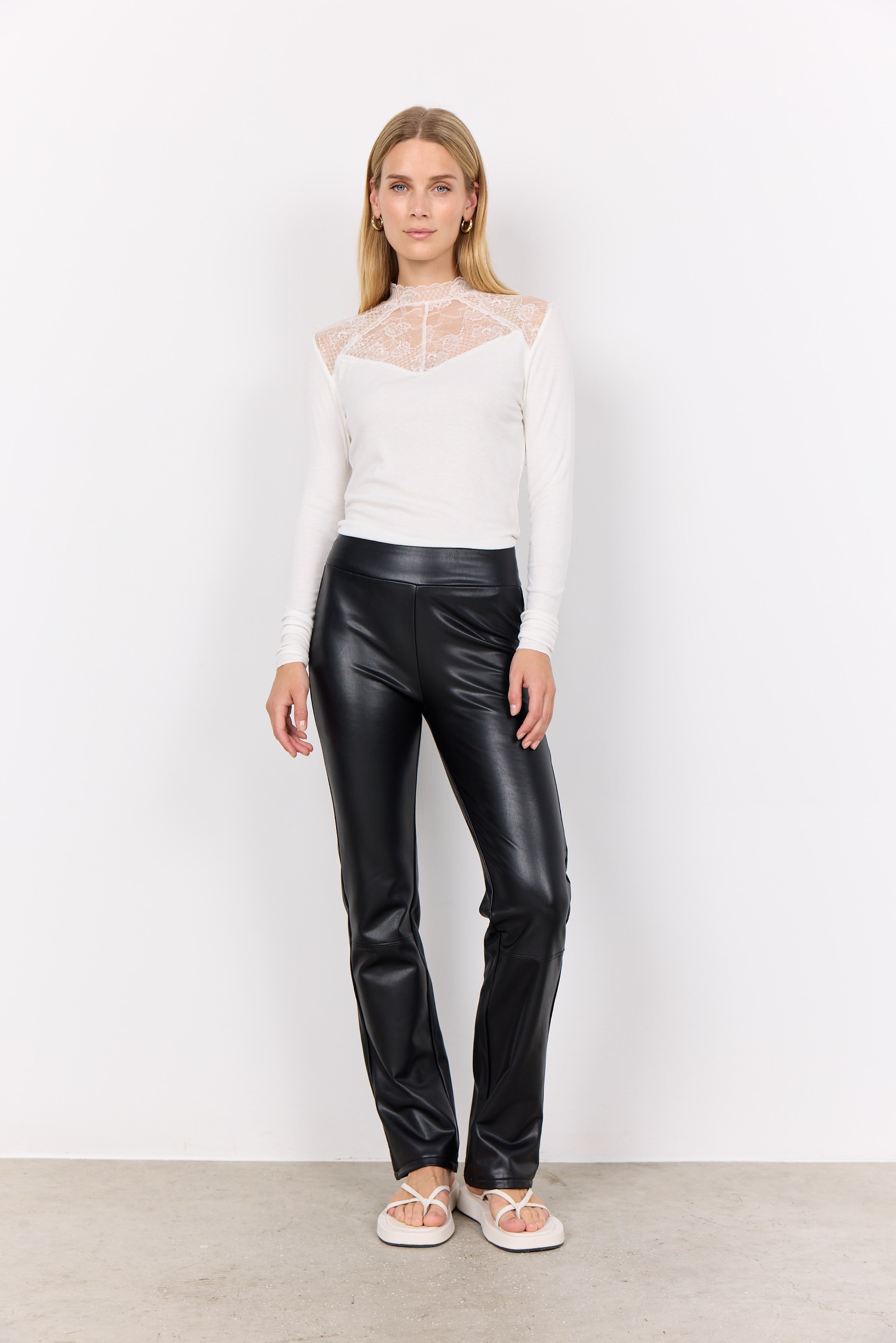 Soya Concept (26591) Women's High Waisted Straight Leg Pleather Pants in Black