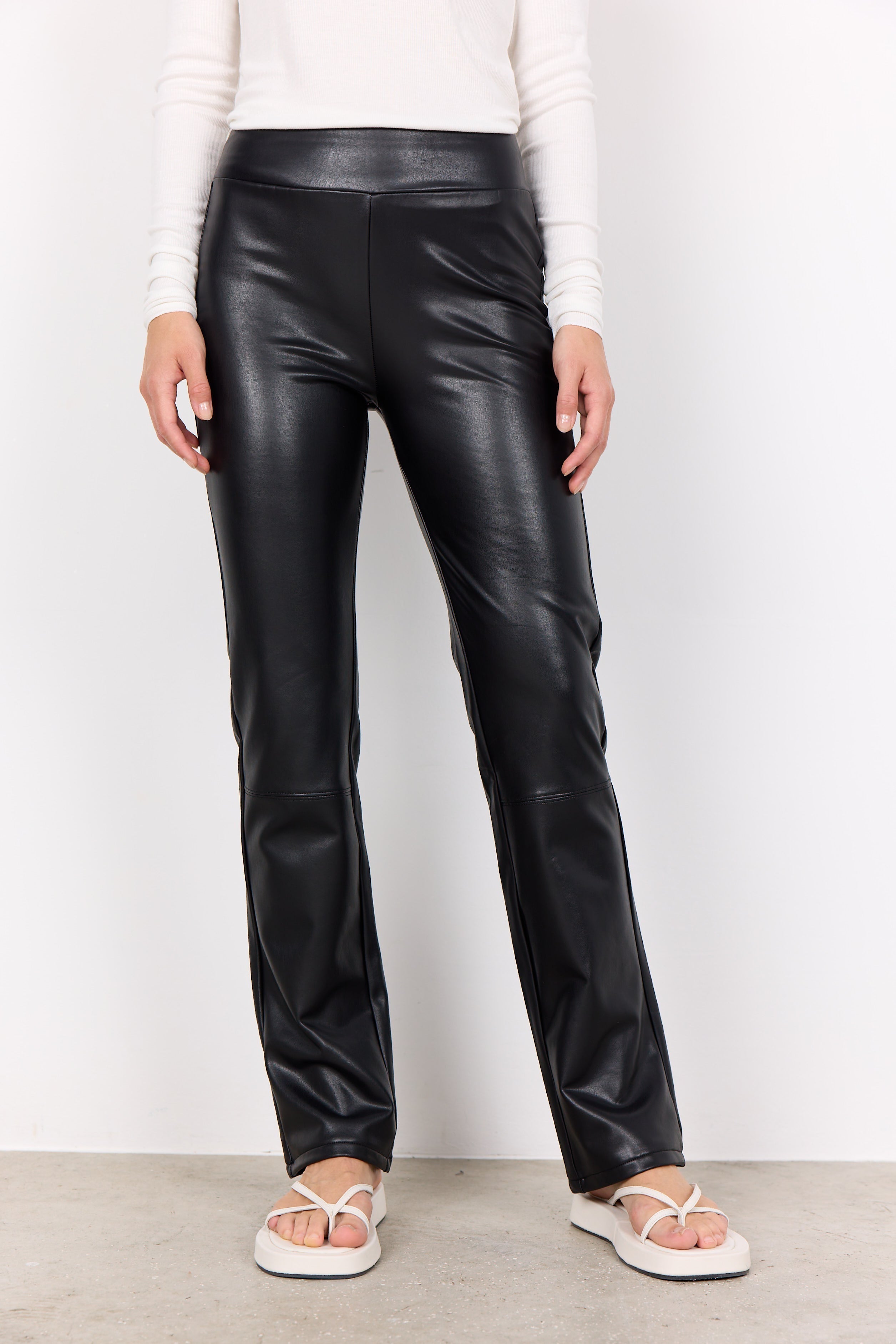 Soya Concept (26591) Women's High Waisted Straight Leg Pleather Pants in Black