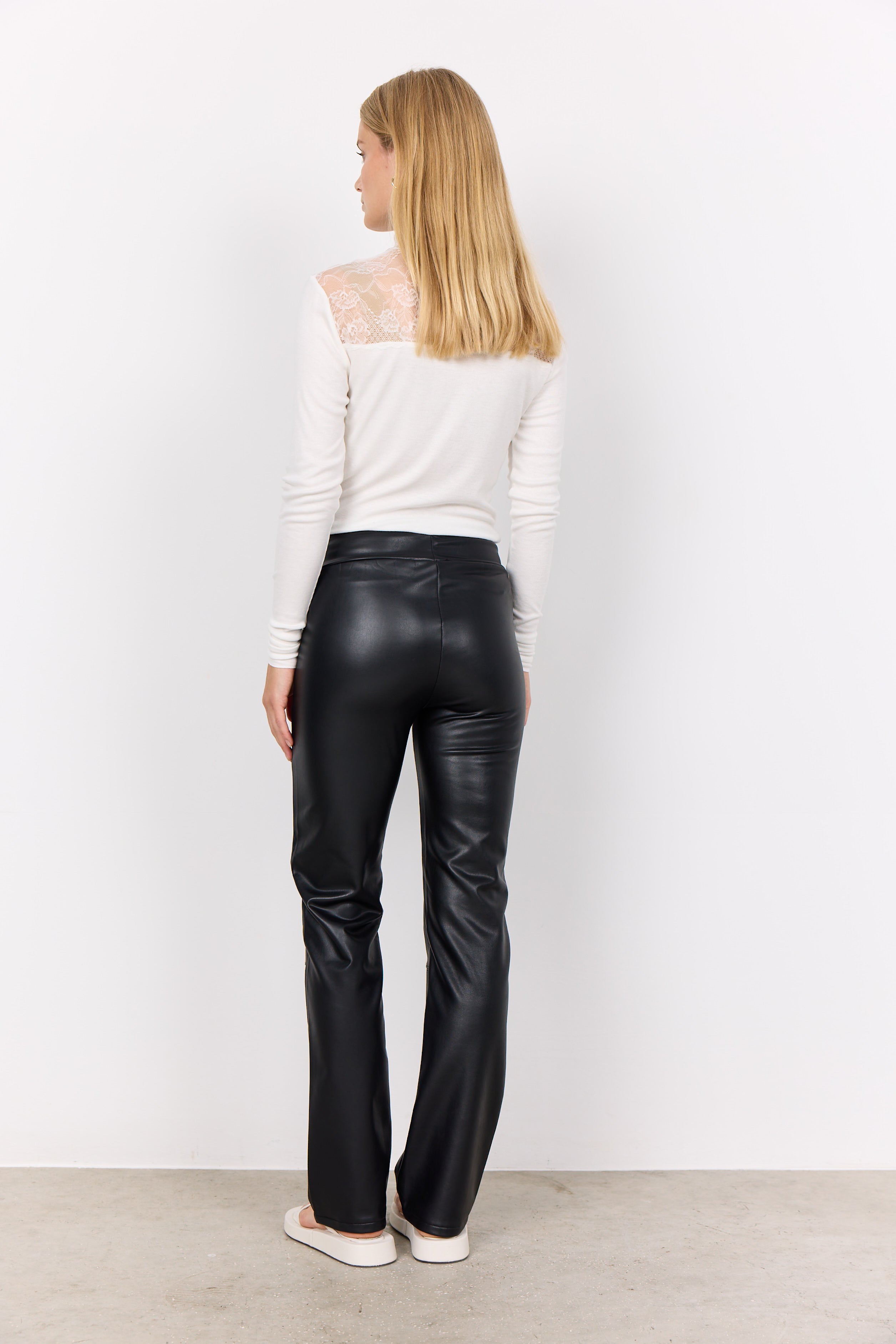 Back view of Soya Concept (26591) Women's High Waisted Straight Leg Pleather Pants in Black