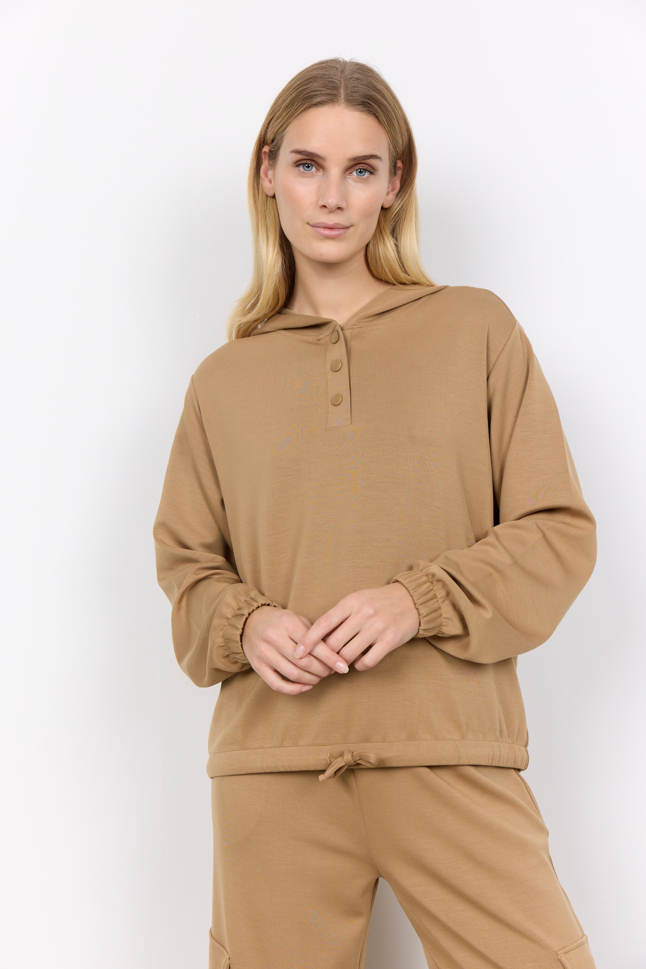 Soya Concept (26599) Women's Long Sleeve Hoodie with Button Placket and Adjustable Tie hem in Brown