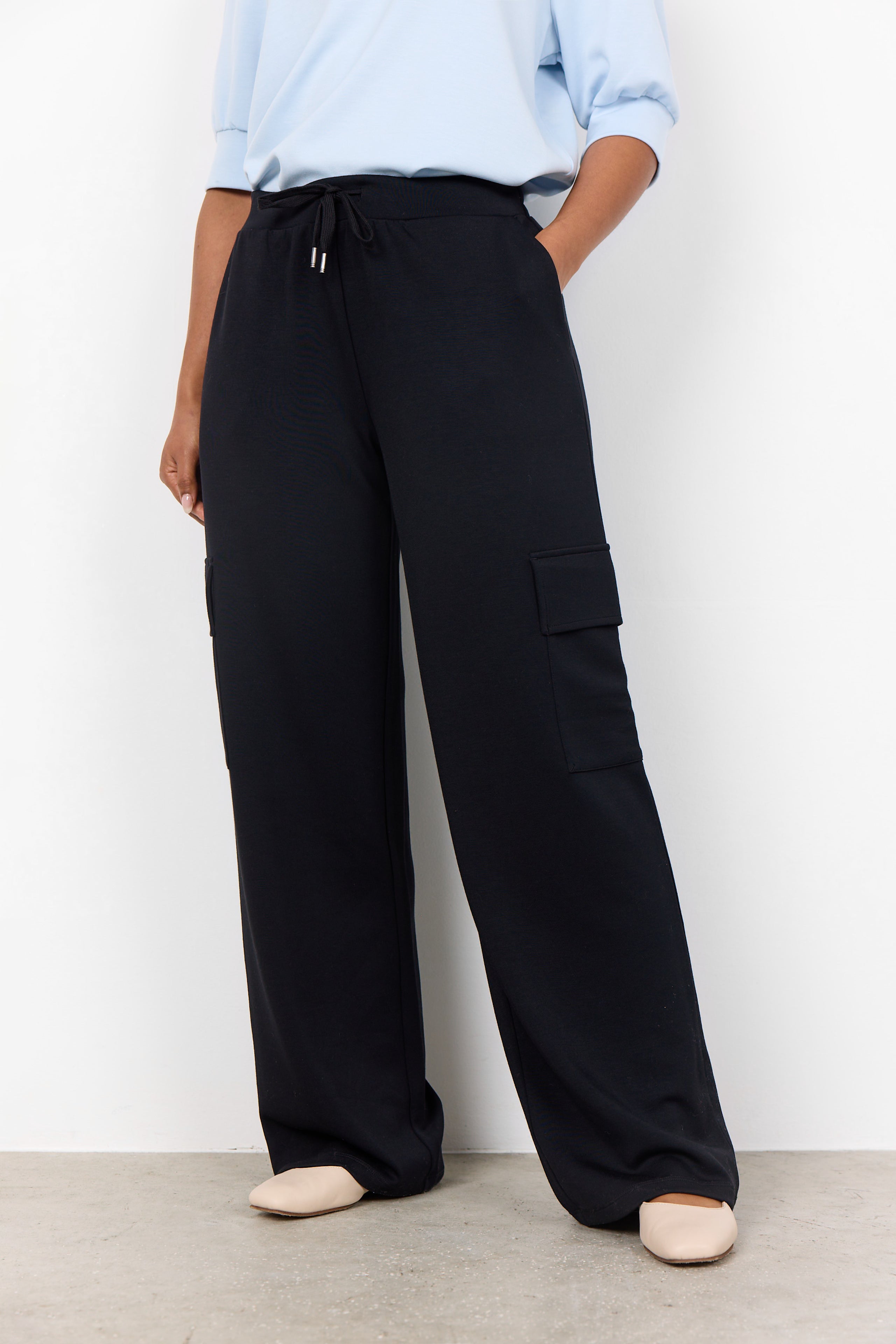 Soya Concept (26601) Women's Wide Leg Modal Cargo Pants with Front Pockets and Side Cargo Pockets in Black