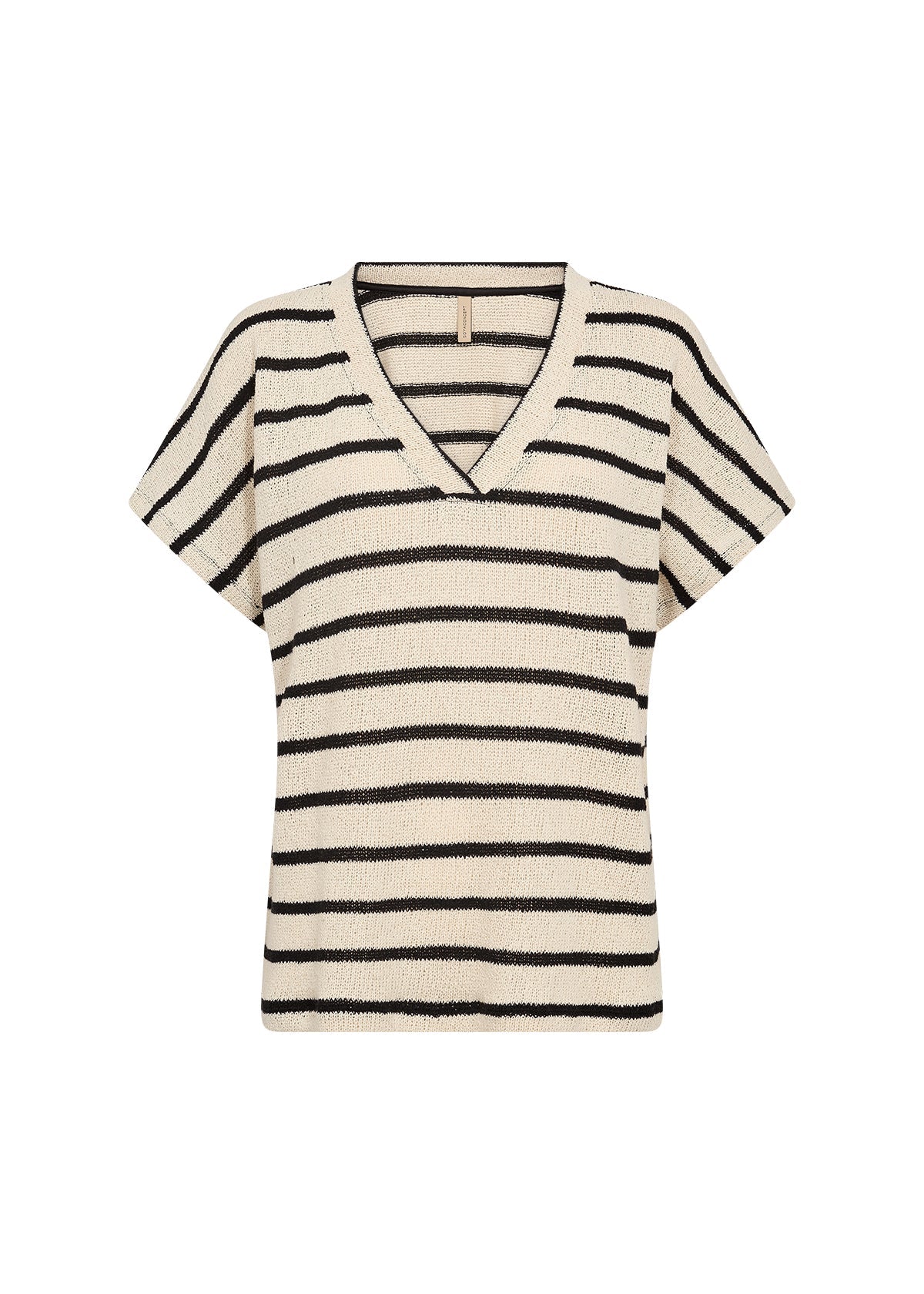 Soya Concept (26607) Women's Short Sleeve V-Neck Stripe Sweater in Cream and Black