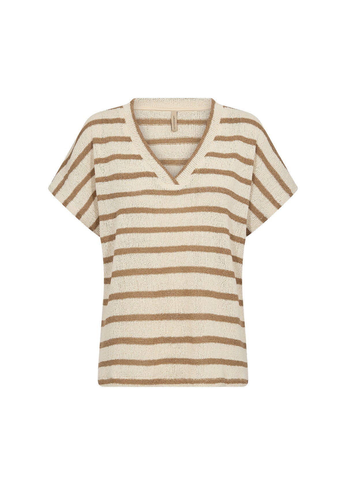 Soya Concept (26607) Women's Short Sleeve V-Neck Stripe Sweater in Cream and Brown