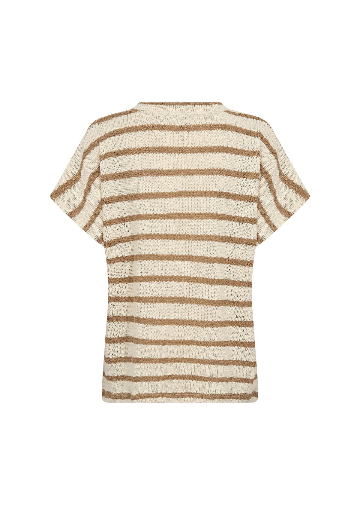 Back view of Soya Concept (26607) Women's Short Sleeve V-Neck Stripe Sweater in Cream and Brown