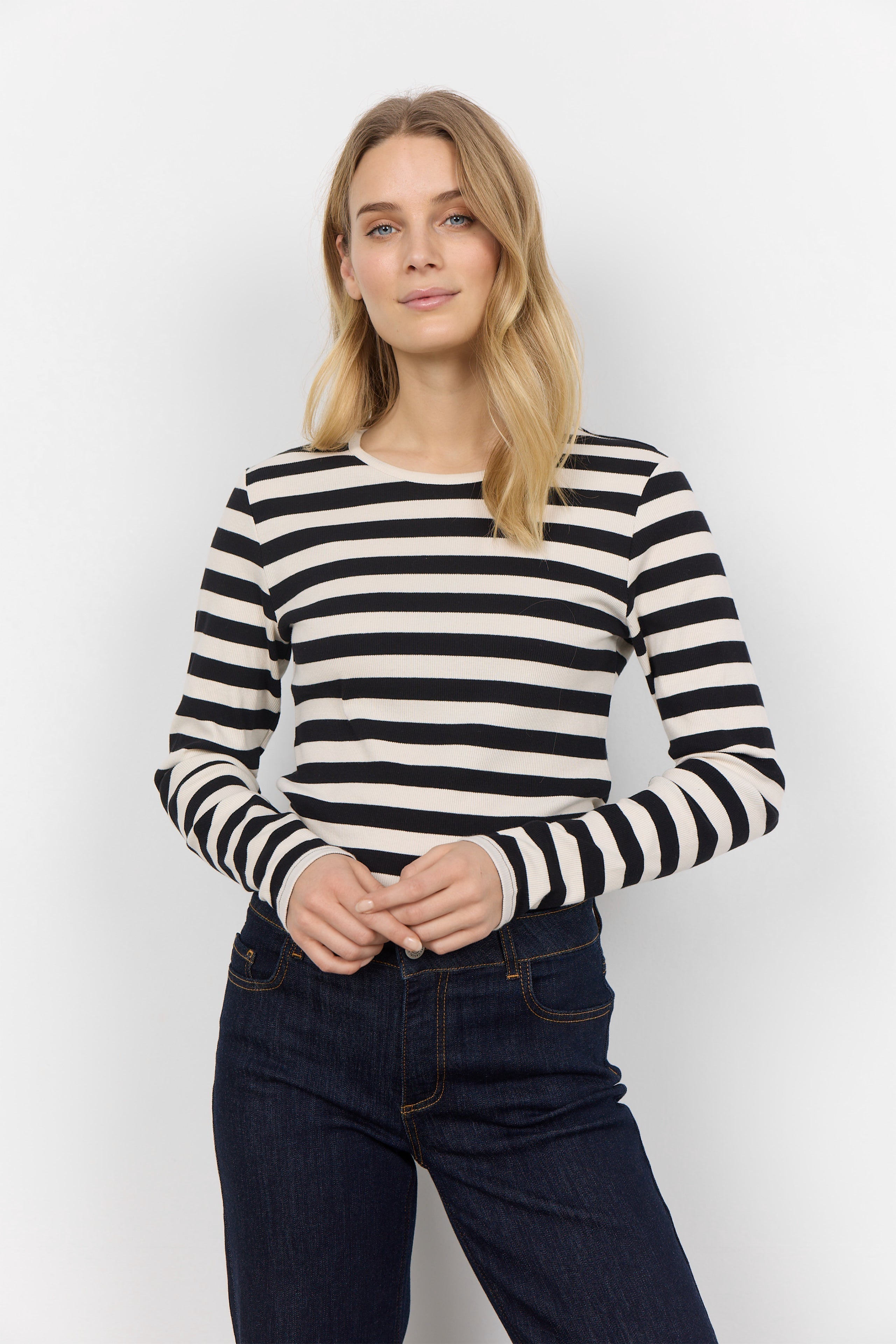 Soya Concept (26677) Women's Long Sleeve Fitted Crew Neck Top in Black & White Horizontal Stripes