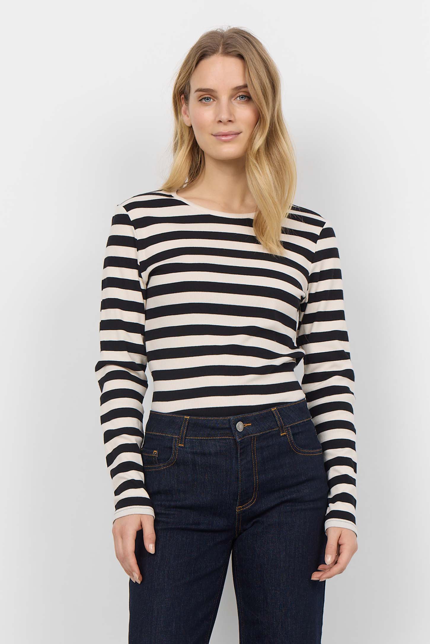 Soya Concept (26677) Women's Long Sleeve Fitted Crew Neck Top in Black & White Horizontal Stripes