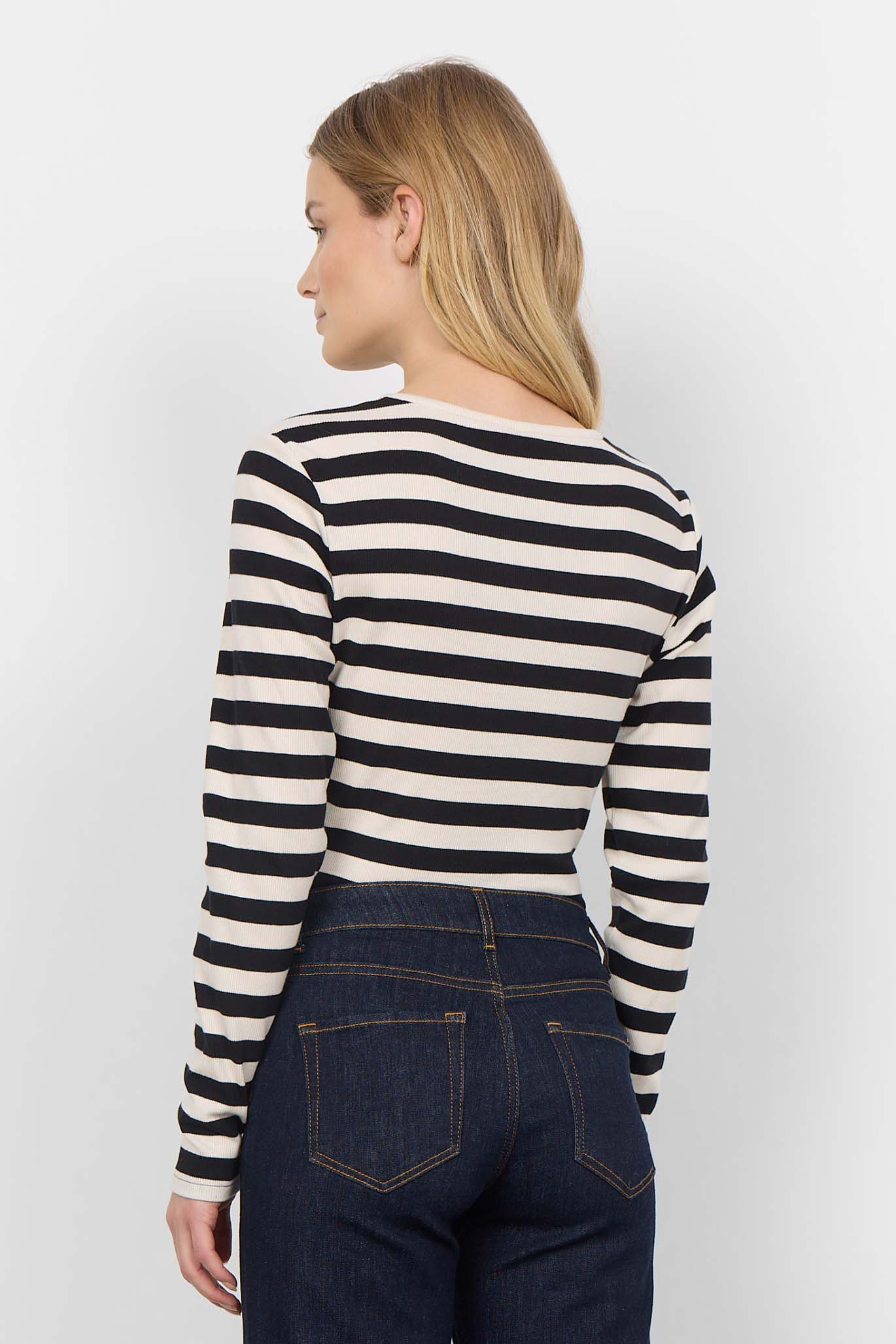 Back view of Soya Concept (26677) Women's Long Sleeve Fitted Crew Neck Top in Black & White Horizontal Stripes