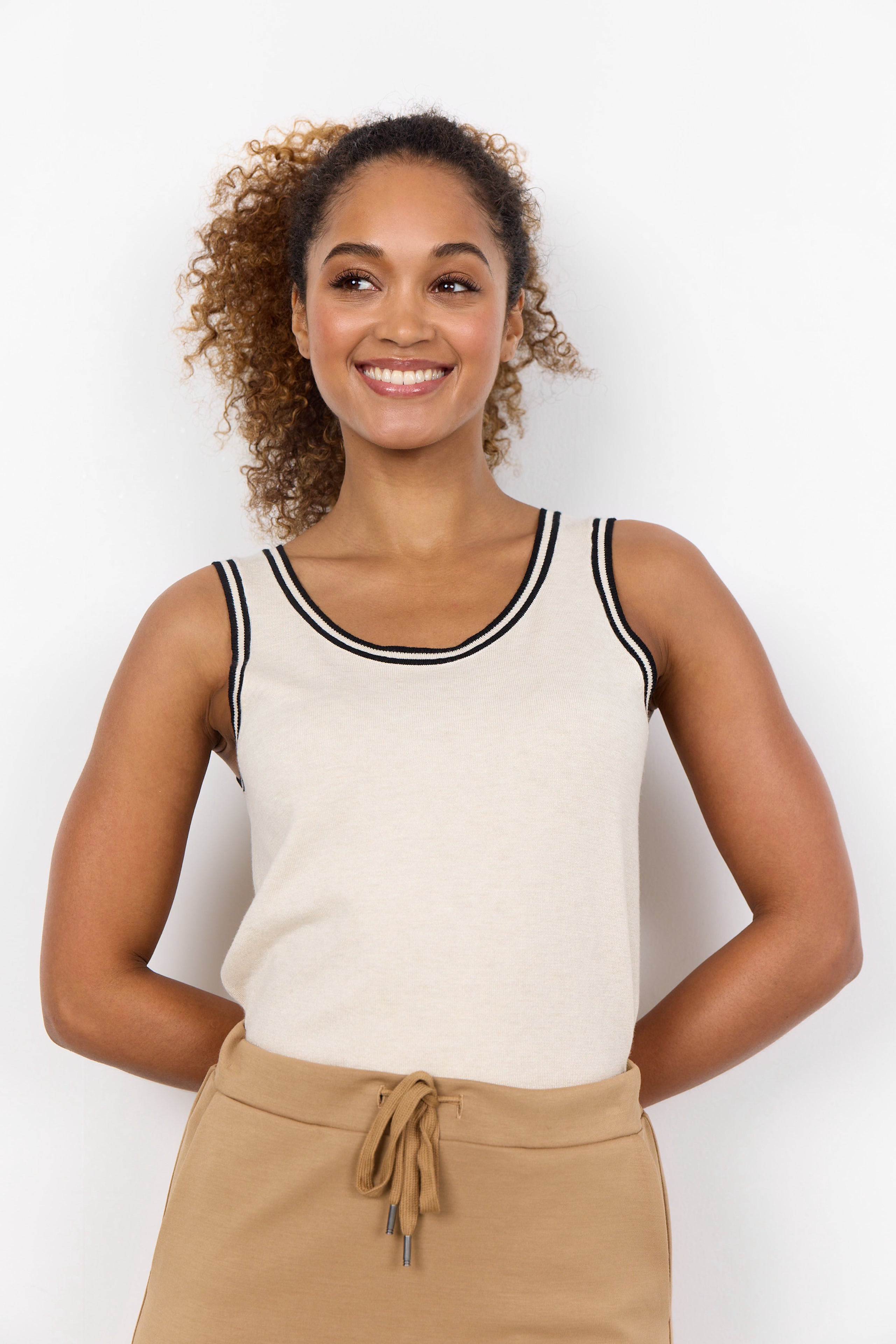 Soya Concept (33526) Women's Sleeveless Knit Tank Top in Beige with Black Contrast Trim along the Scoop Neck and armholes