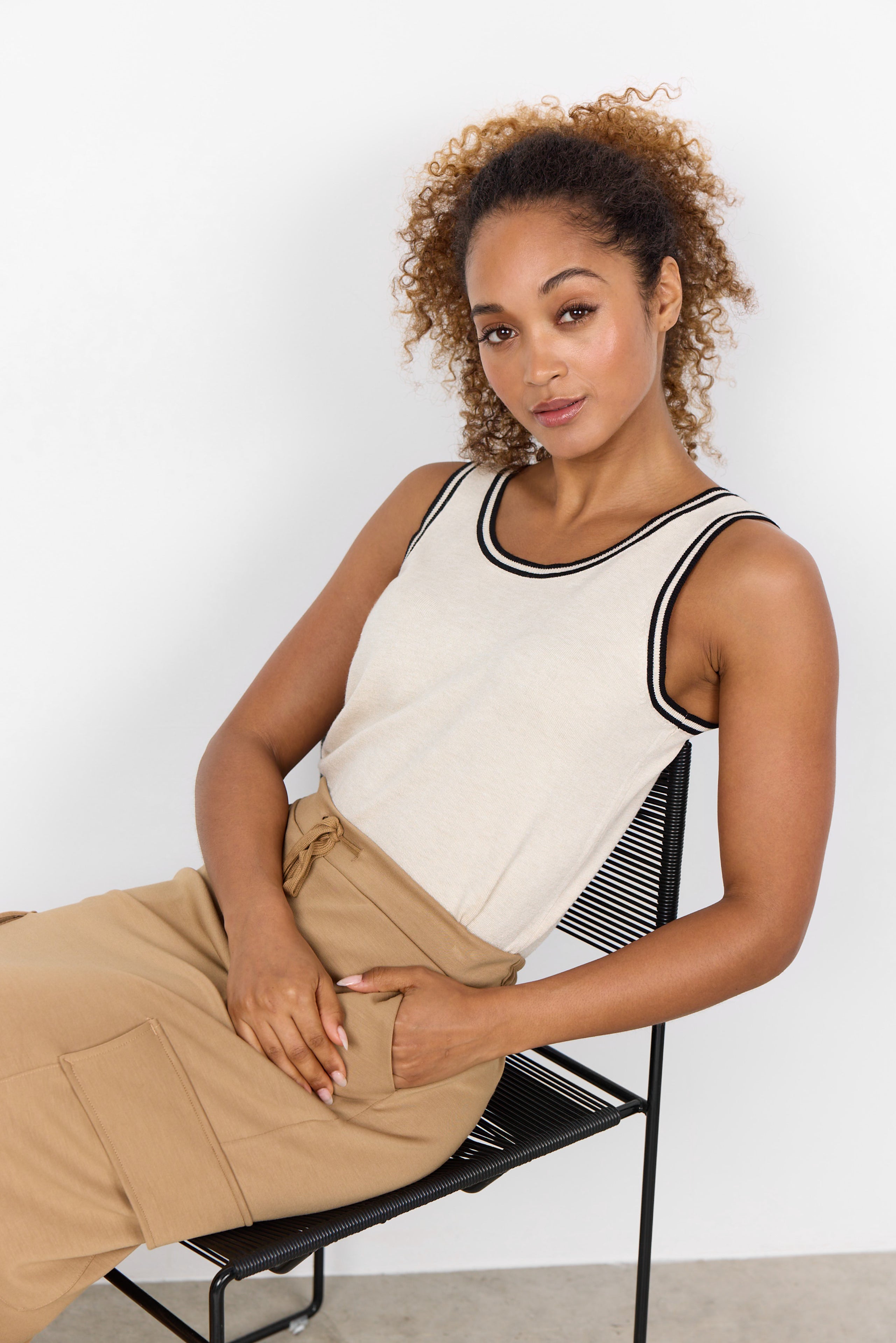 Soya Concept (33526) Women's Sleeveless Knit Tank Top in Beige with Black Contrast Trim along the Scoop Neck and armholes