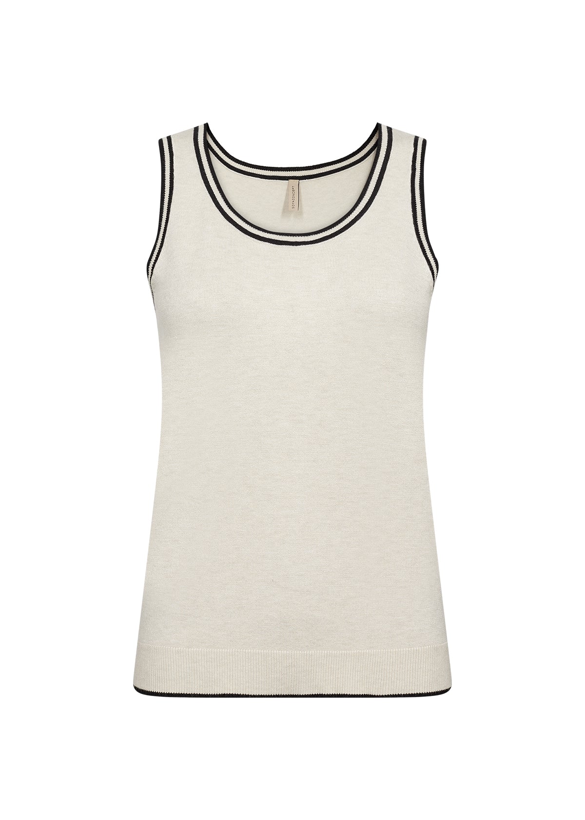 Soya Concept (33526) Women's Sleeveless Knit Tank Top in Beige with Black Contrast Trim along the Scoop Neck and armholes