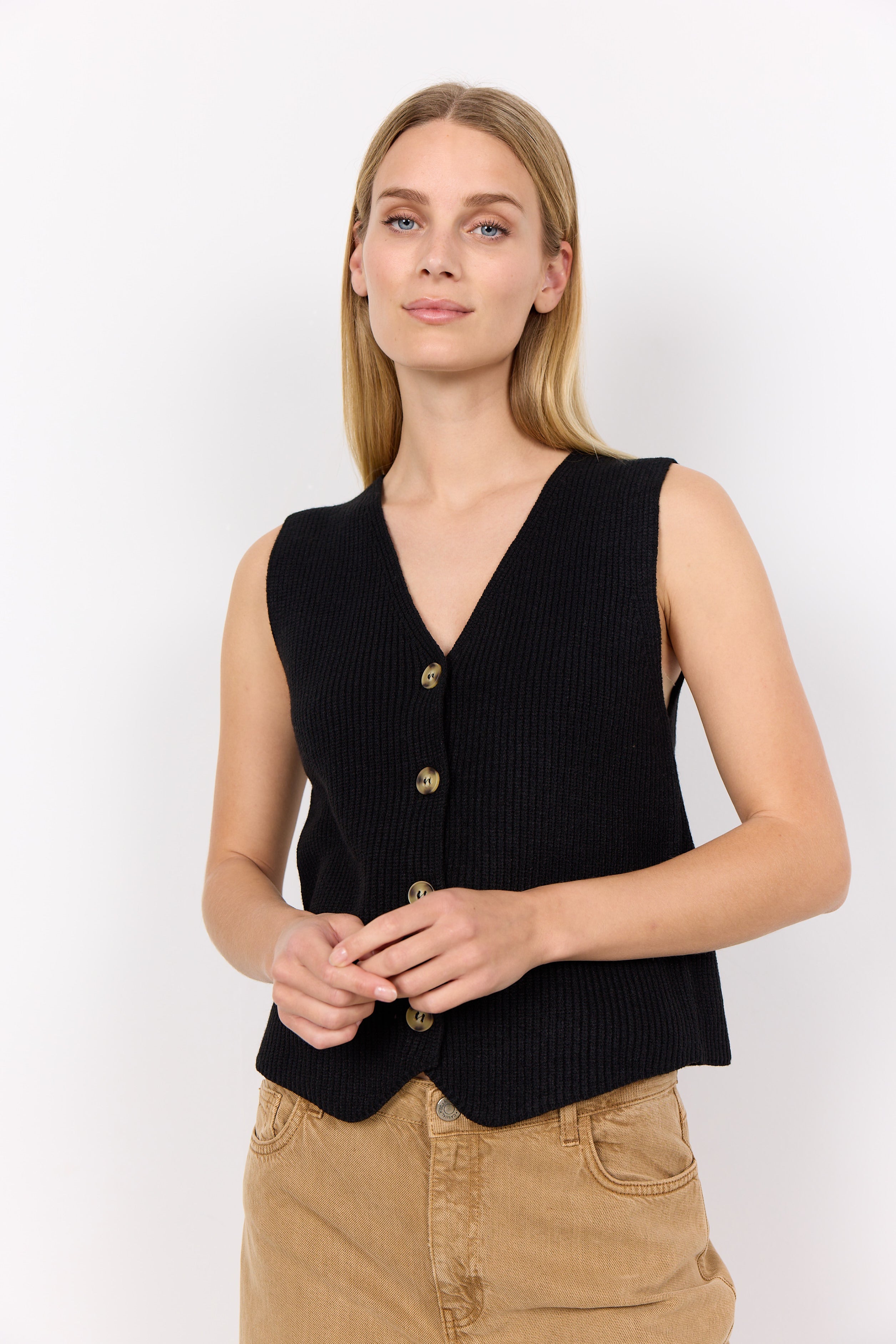 Soya Concept (33554) Iiia Sweater Vest - Women's Ribbed Knit Waistcoat with 4-button close in Black