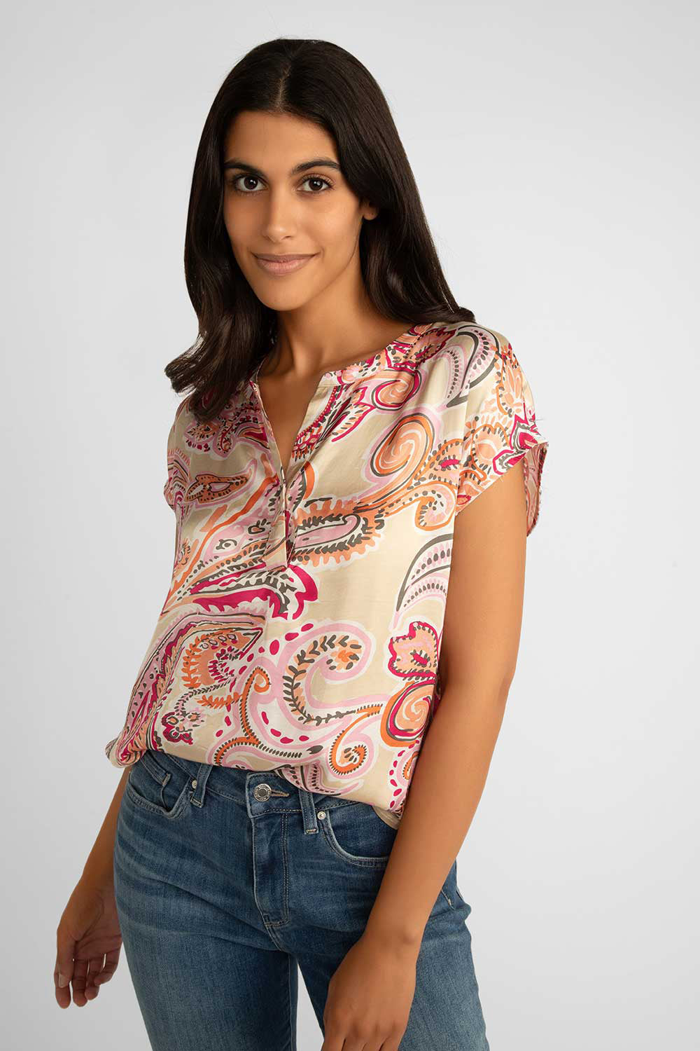 Soya Concept (40543) Women's Pink Paisley Short Cap Sleeve Satin Blouse with Split V-Neck