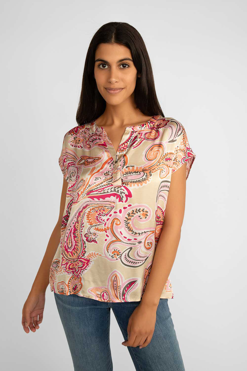 Soya Concept (40543) Women's Pink Paisley Short Cap Sleeve Satin Blouse with Split V-Neck