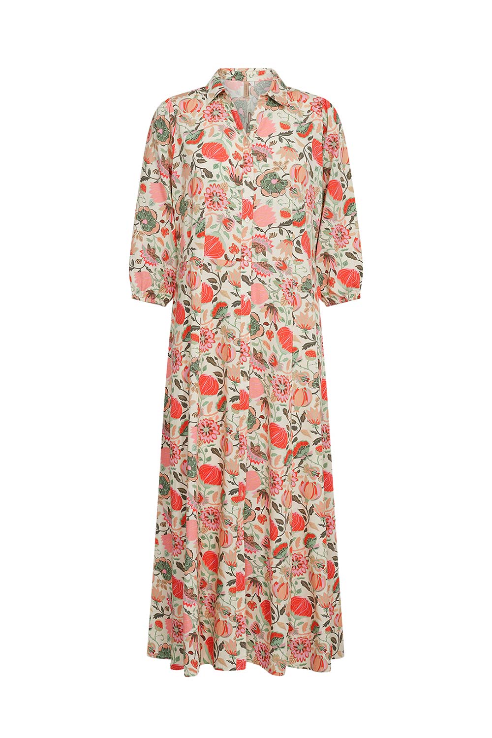 Soya Concept (40580) Women's Graphic Floral 3/4 Sleeve Shirt Midi Dress in Peach, pink and green floral print over a cream background