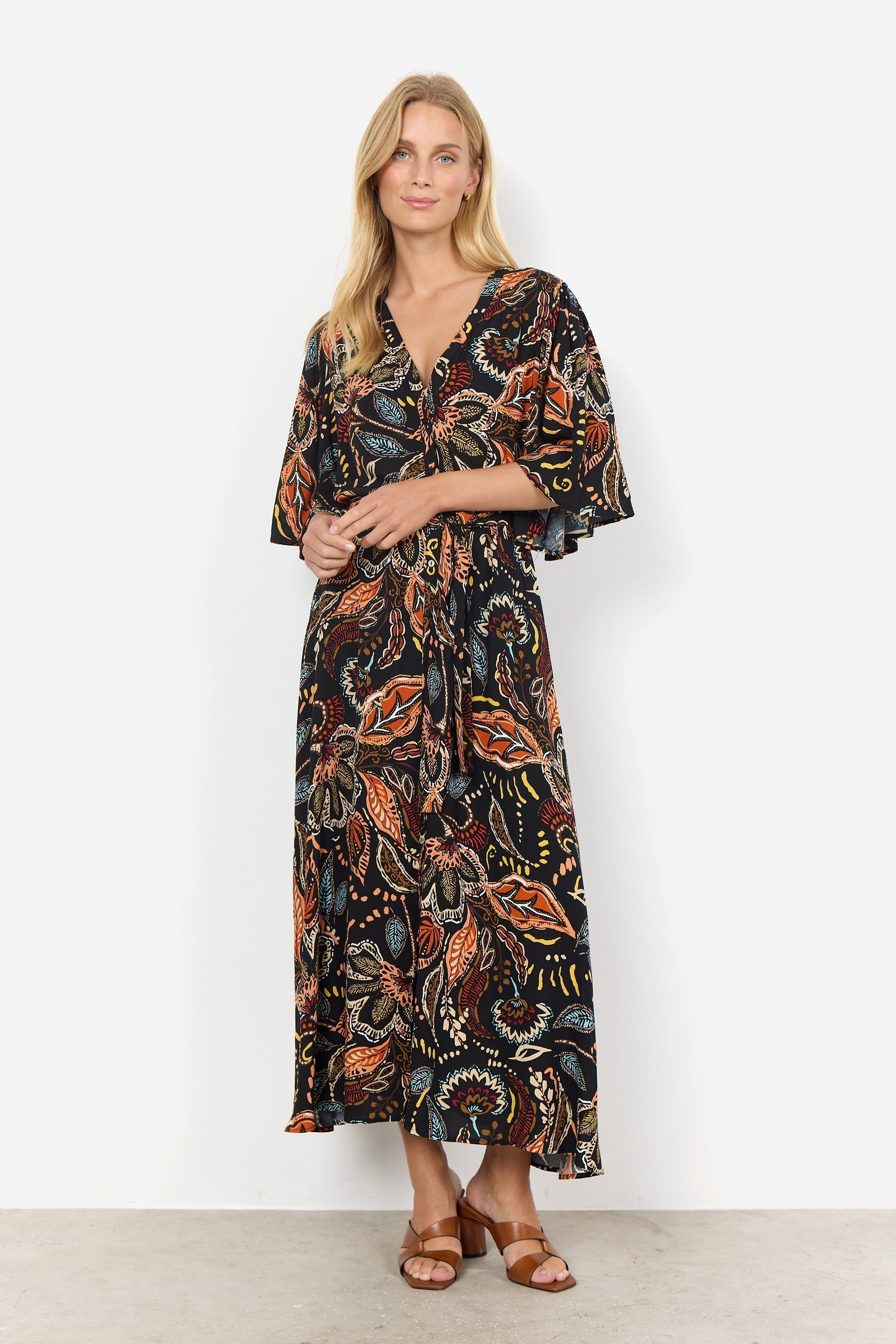 Black Printed Button Up Dress With Bell Sleeves