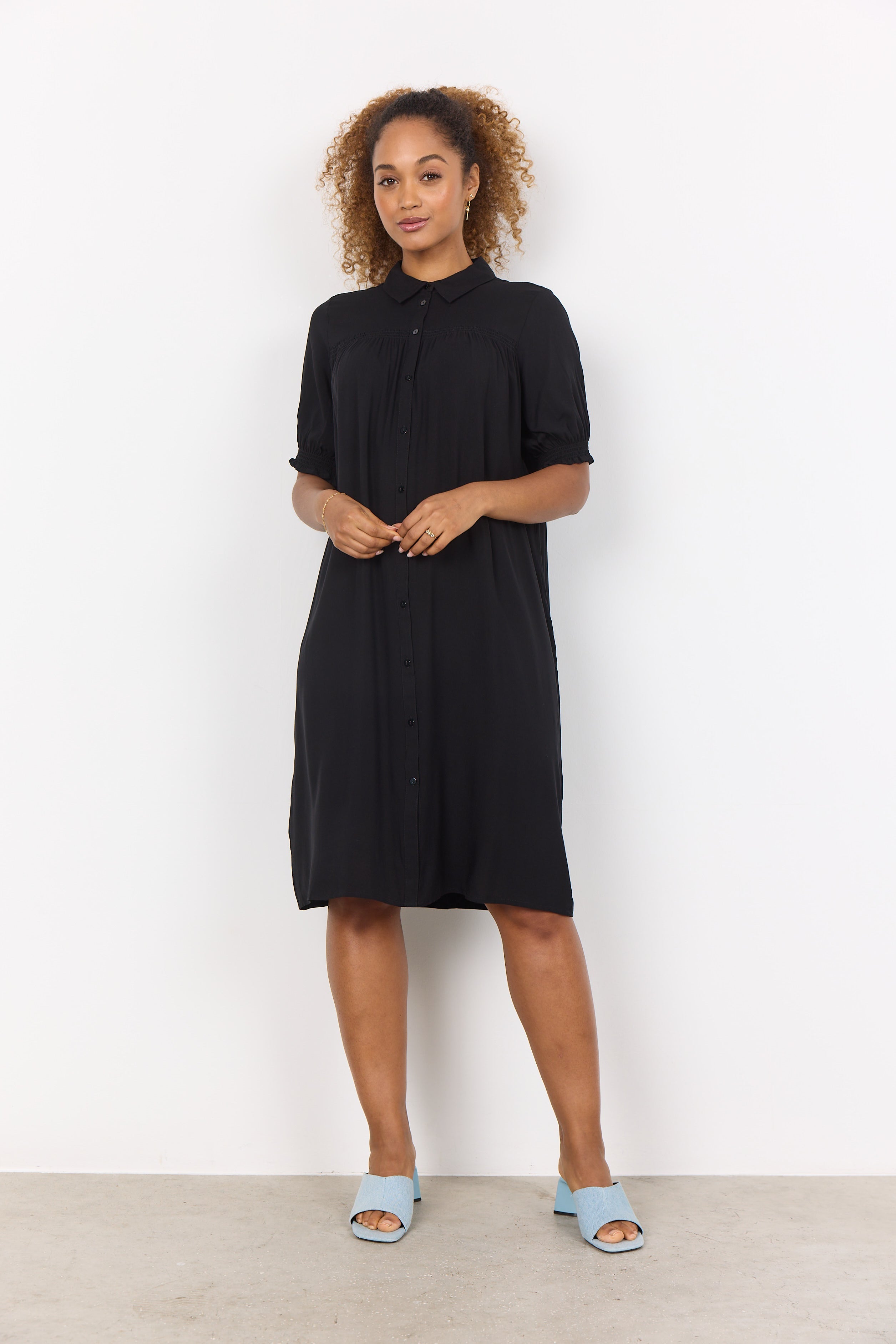 Soya Concept (40774) Women's Short Sleeve Knee Length Dress with Shirt Collar, Button Front, and A Straight, Relaxed Fit in Black