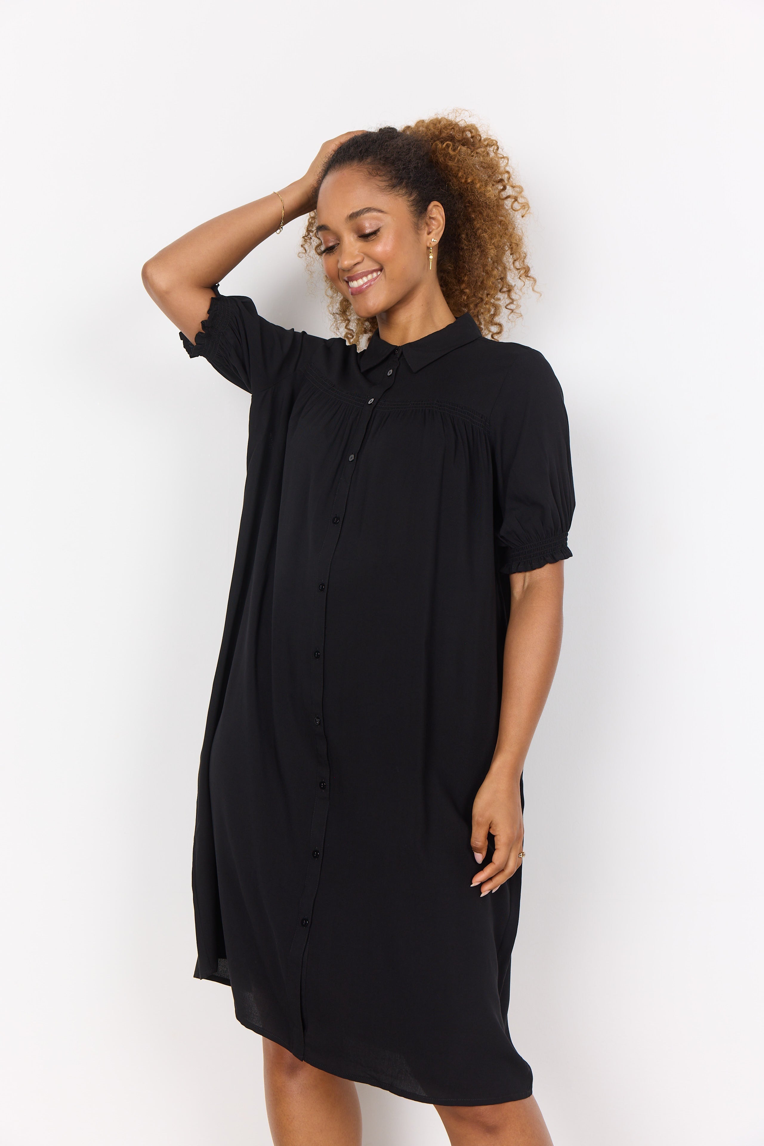 Soya Concept (40774) Women's Short Sleeve Knee Length Dress with Shirt Collar, Button Front, and A Straight, Relaxed Fit in Black