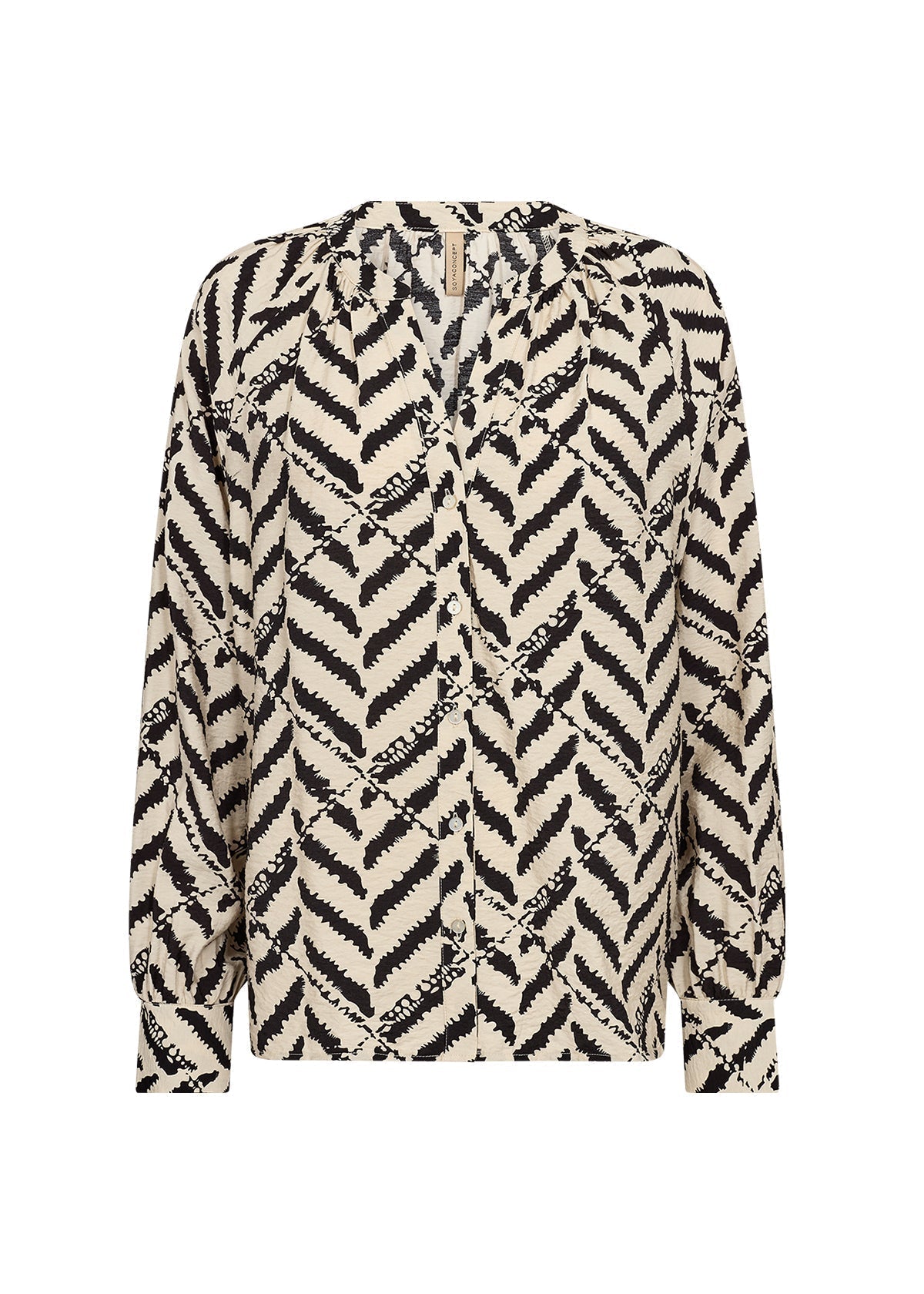 Soya Concept (40824) Women's Long Sleeve Button Down Blouse with Split V-neck and Black and Cream Chevron Print