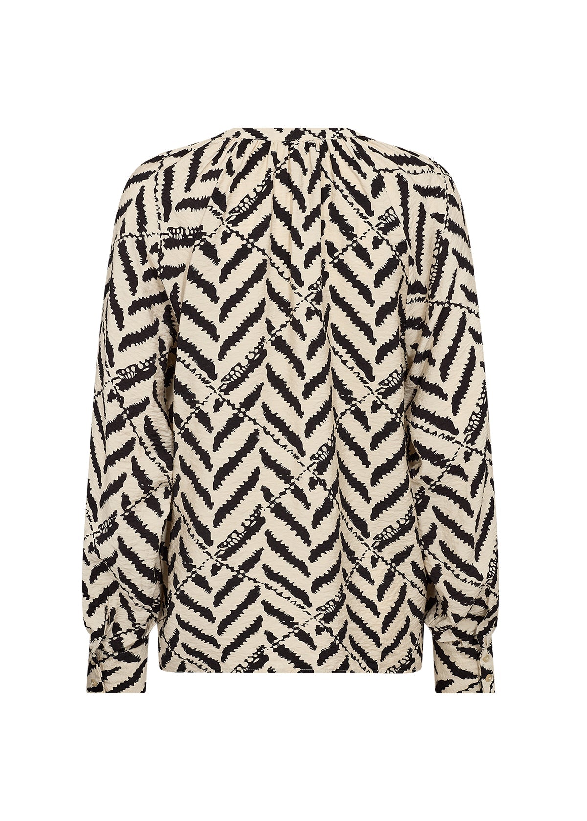 Soya Concept (40824) Women's Long Sleeve Button Down Blouse with Split V-neck and Black and Cream Chevron Print