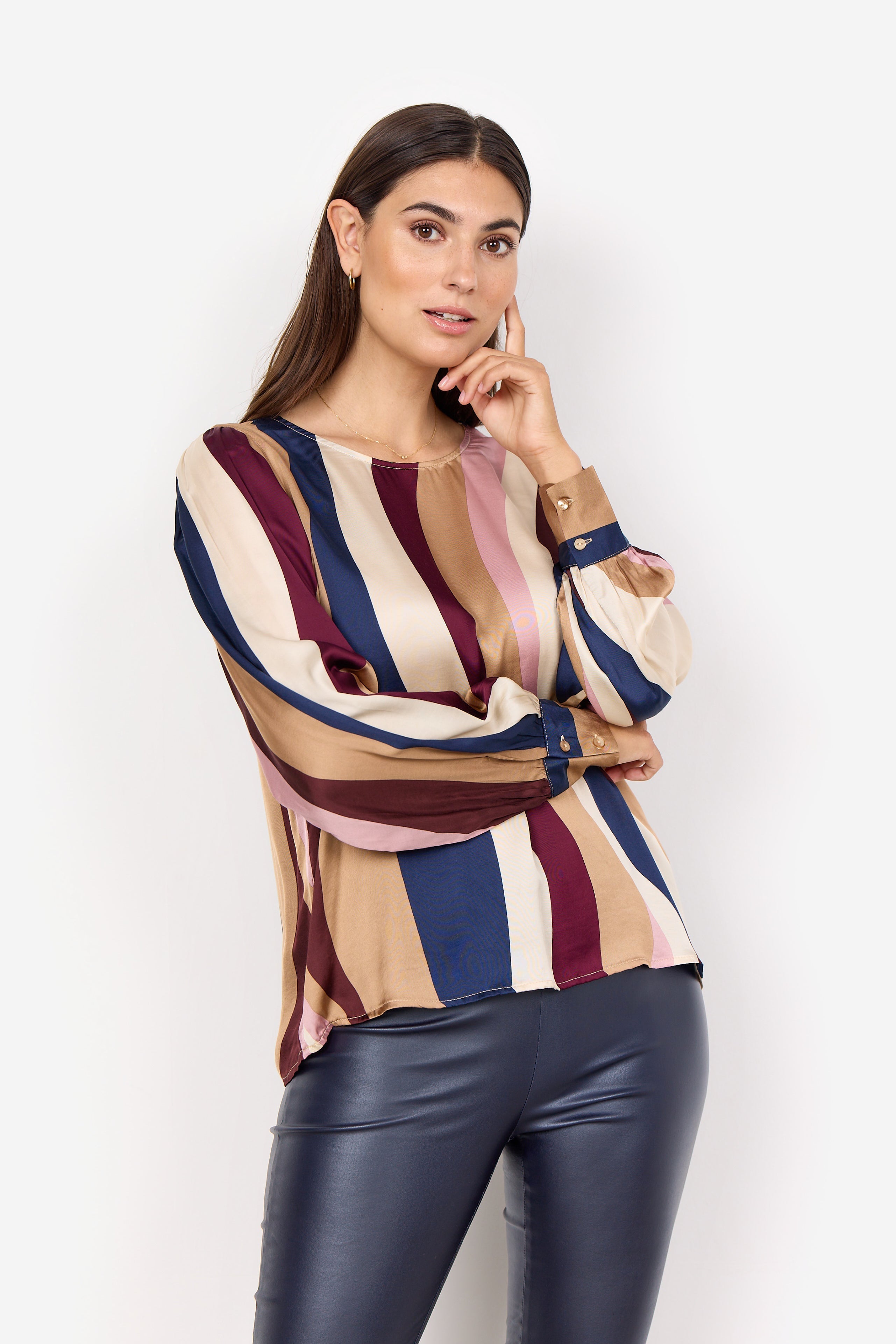 Soya Concept (40846) Women's Ines Long Sleeve Woven Top With Long Puff Sleeves in a Multi Colour Vertical Wavy Stripe Print