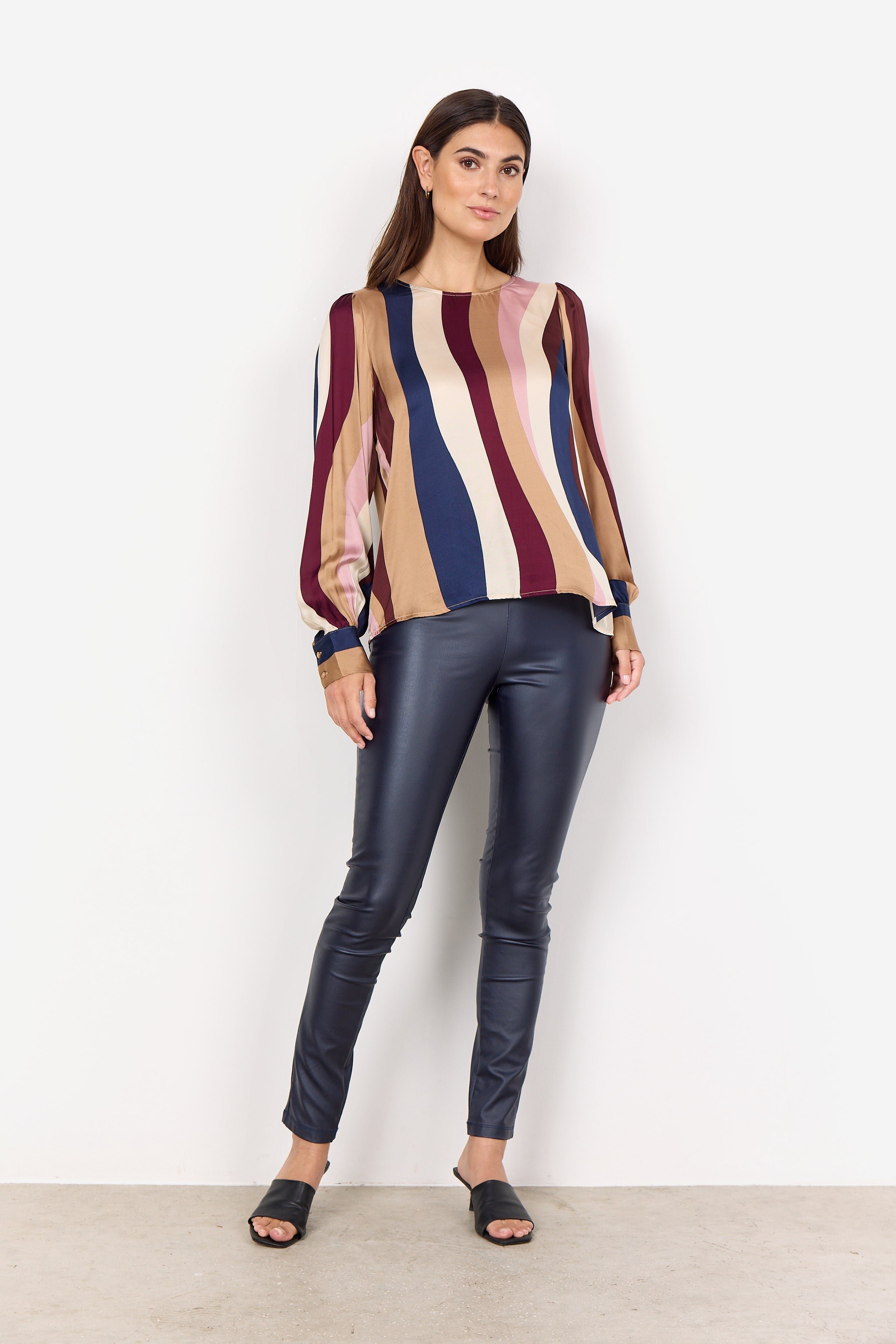 Soya Concept (40846) Women's Ines Long Sleeve Woven Top With Long Puff Sleeves in a Multi Colour Vertical Wavy Stripe Print