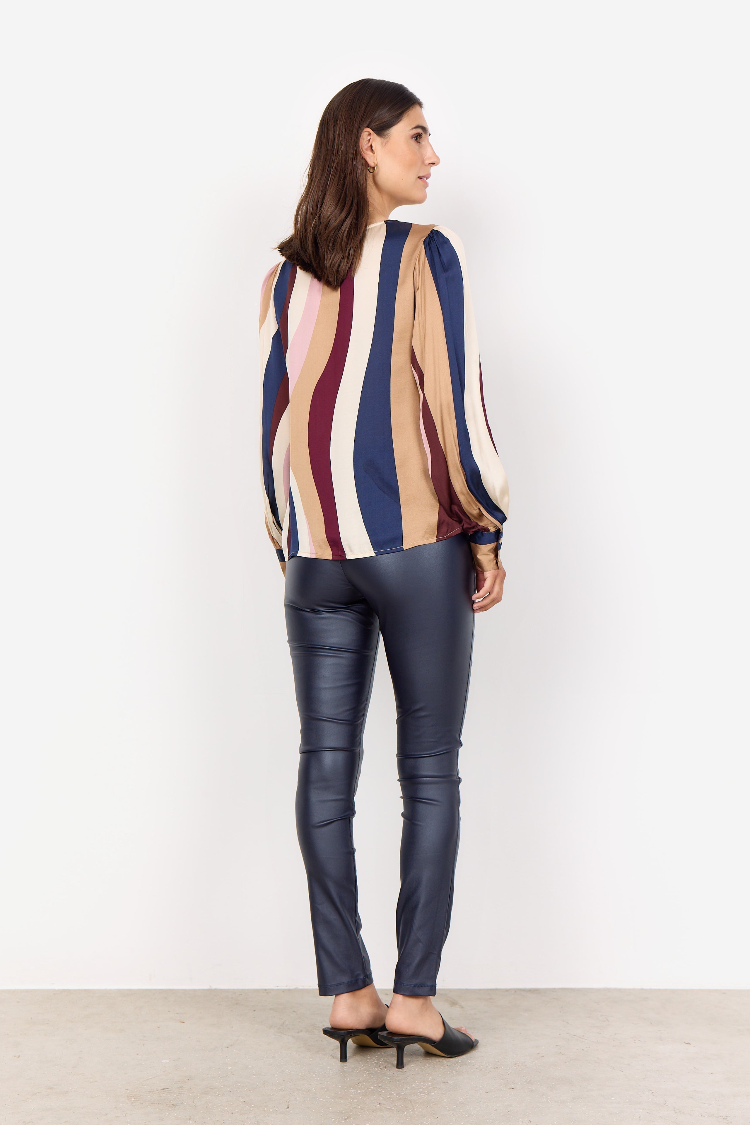 Back view of Soya Concept (40846) Women's Ines Long Sleeve Woven Top With Long Puff Sleeves in a Multi Colour Vertical Wavy Stripe Print