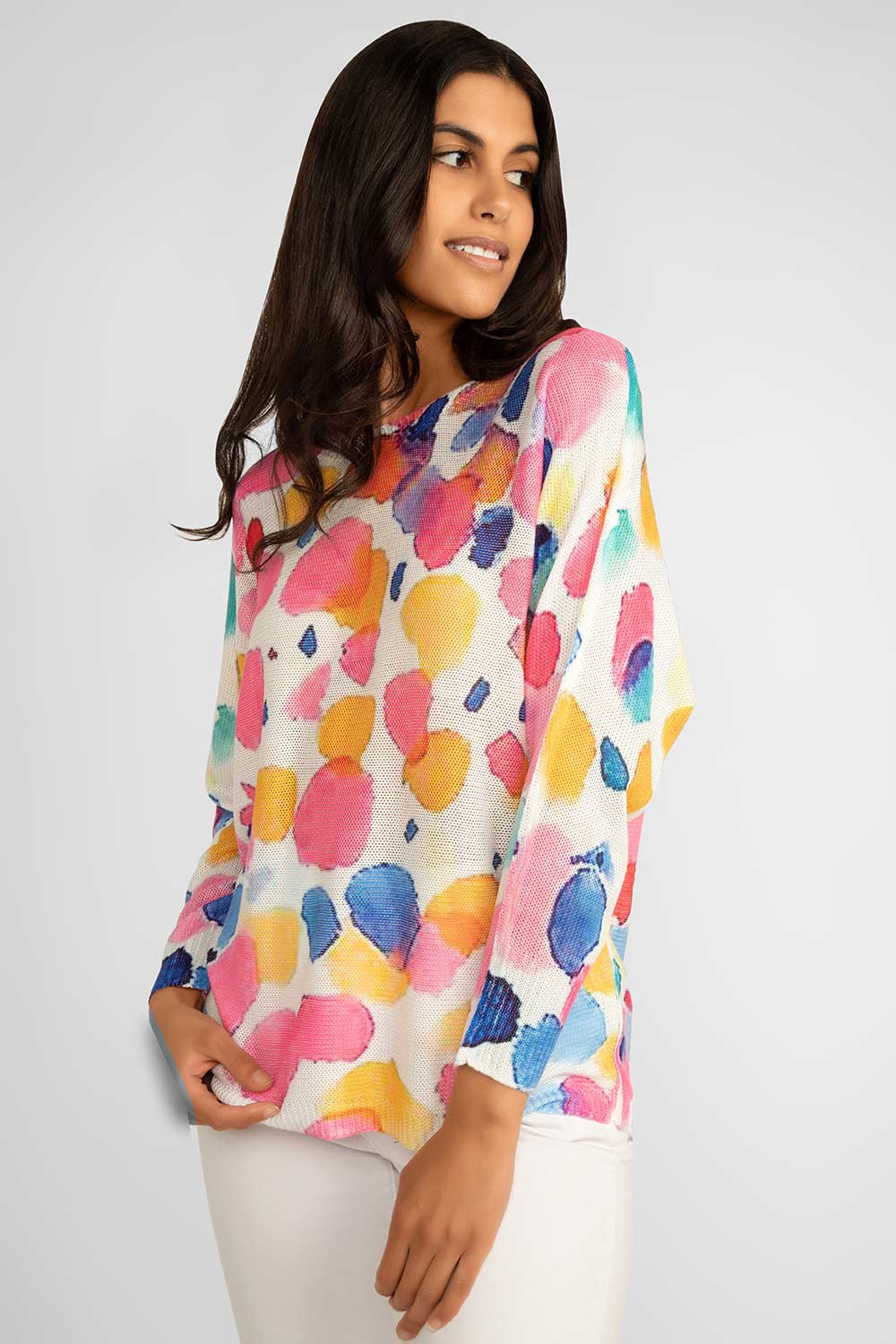Front of Carre Noir (6802) Women's Long Sleeve Printed Dot Lightweight Pullover Sweater in a pink dot print accented by blues and yellows