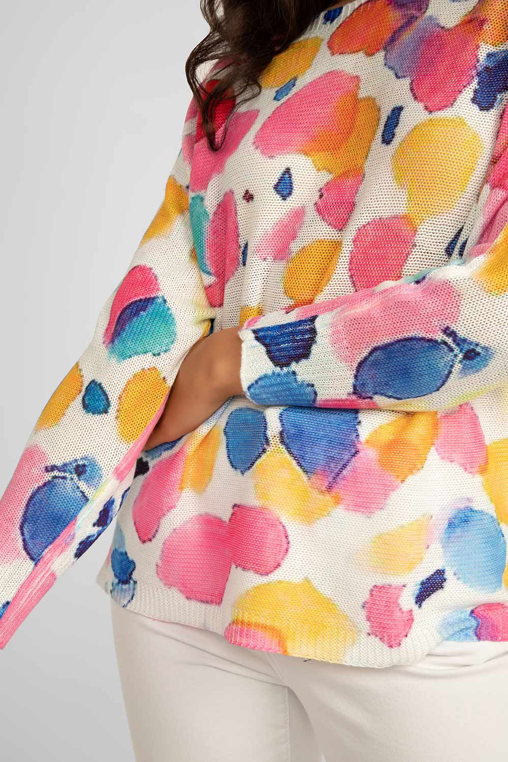Front close up of Carre Noir (6802) Women's Long Sleeve Printed Dot Lightweight Pullover Sweater in a pink dot print accented by blues and yellows
